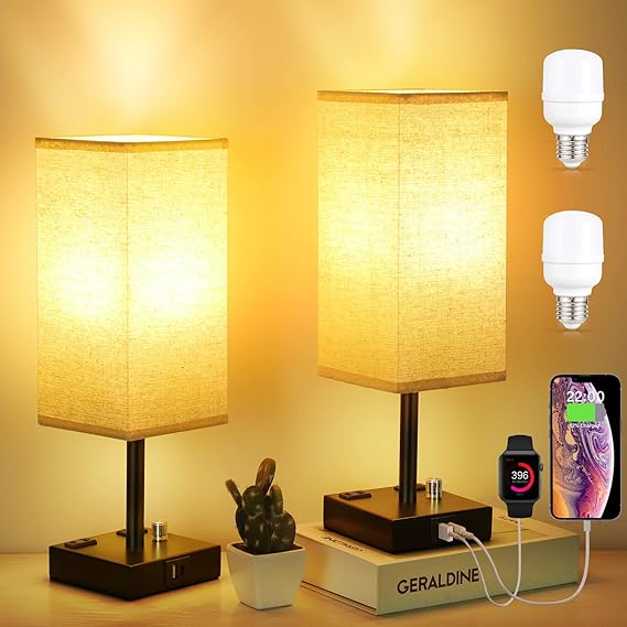 Kakanuo Nachttischlampe Touch Dimmbar 2er Set, Tischlampe mit Ladefunktion USB A C-Anschlüssen Steckdosen 2 LED Birnen, Weiß-Lampenschirm, Kleine Lampe für Schlafzimmer Wohnzimmer Babyzimmer Büro Kakanuo Nachttischlampe Touch Dimmbar 2er Set, Tischlampe mit Ladefunktion USB A C-Anschlüssen Steckdosen 2 LED Birnen, Weiß-Lampenschirm, Kleine Lampe für Schlafzimmer Wohnzimmer Babyzimmer Büro