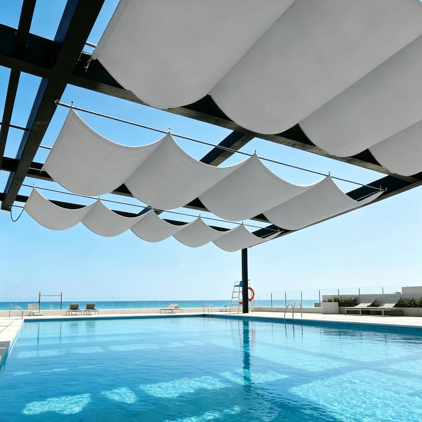 Sun Shade Sail Retractable Wave,Outdoor Water Resistant Retractable Wave Awning Canopy 98% UV Block,for Patio Garden Lawn,Rope Fixing-Lightgrey||90x600cm
