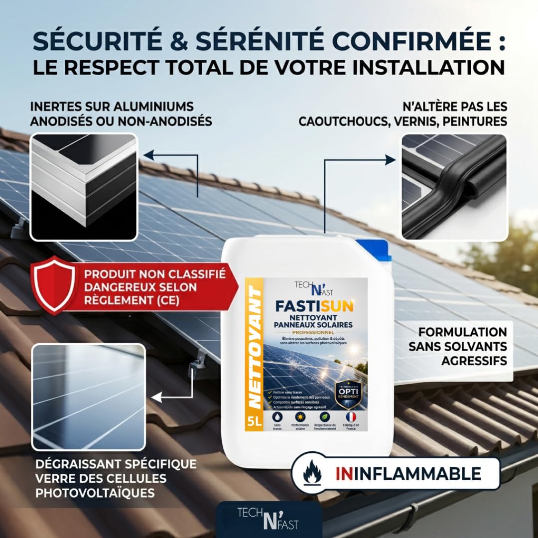 FASTISUN Nettoyant Panneaux Solaires 5L – Nettoyage Photovoltaïque Professionnel sans Traces – Optimise le Rendement – Compatible Surfaces Sensibles – Fabriqué en France