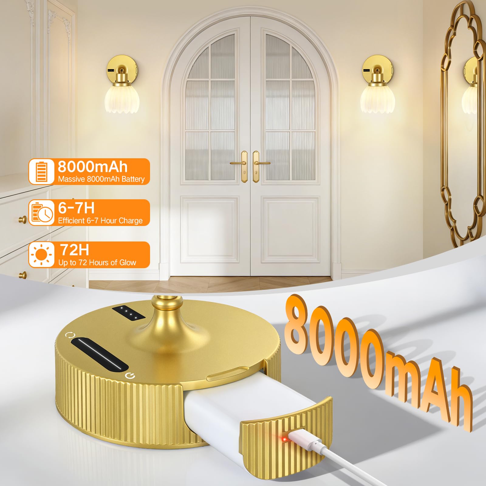 OUTON Lot de 2 Appliques Murales Rechargeables Batterie 8000mAh, 3 Températures de Couleur, Commande Tactile et Télécommande, Minuterie et Mémoire, Applique Sans fil pour Salon Chambre Couloir, Blanc