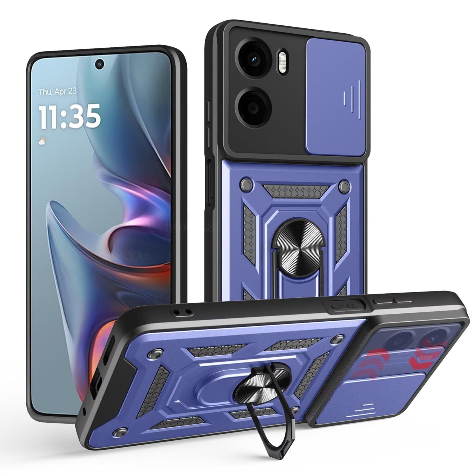 Sawiqpd For Motorola Moto G05 / E15 Case With Ring Holder Kickstand & Camera Lens Slide Protector Cover, Military Grade Heavy Duty Hard Armour Shockproof Rugged Phone Case For Moto G05/E15, Blue