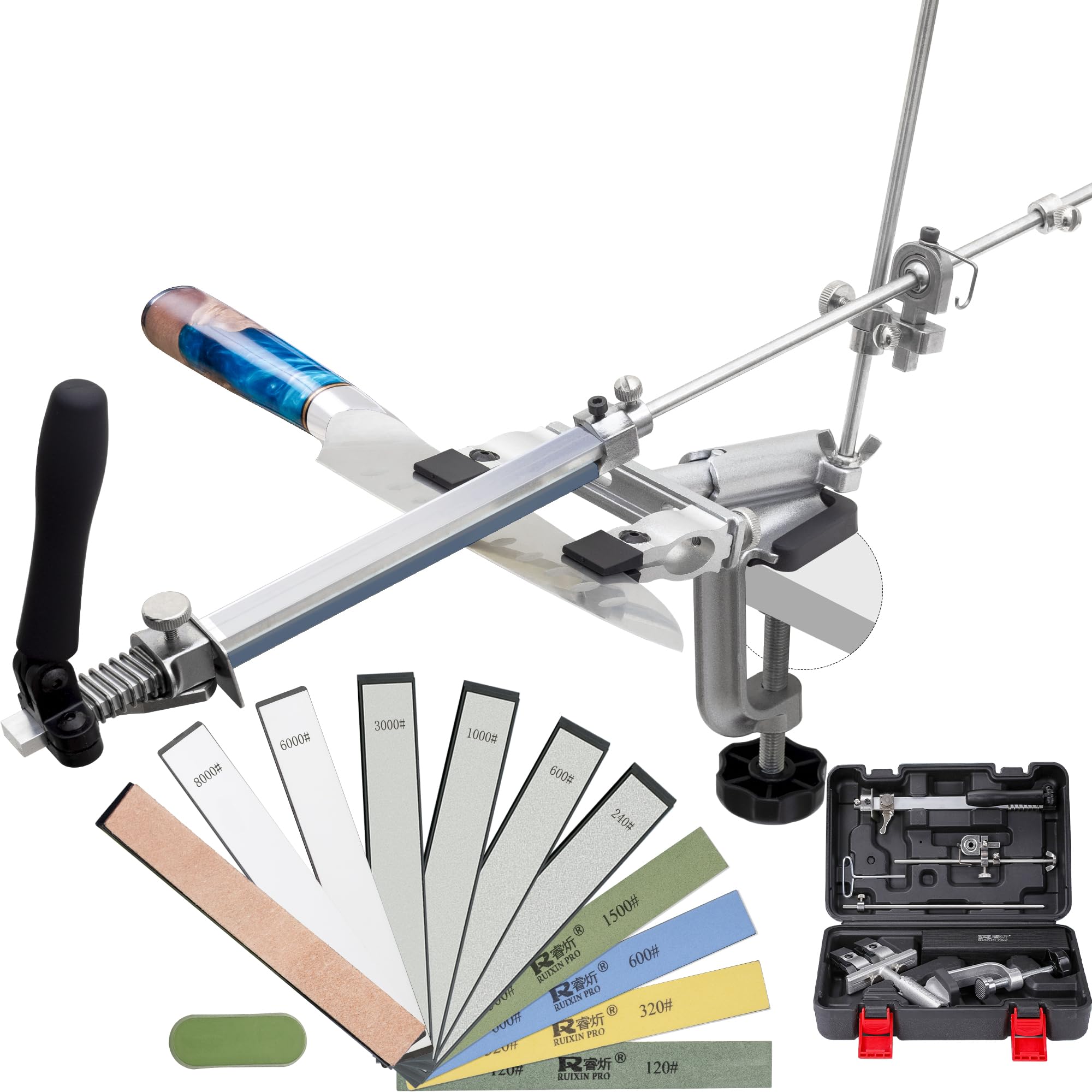 CWOVRS Knife Sharpeners Professional, RX-009 Knife Sharpening Kit, 360° Flip Rotation, Fixed-Angle & Adjustable Knife-Clip, Chef Knife Sharpening System, 4 Diamond Stones+2 Water Stones+Polishing Kit