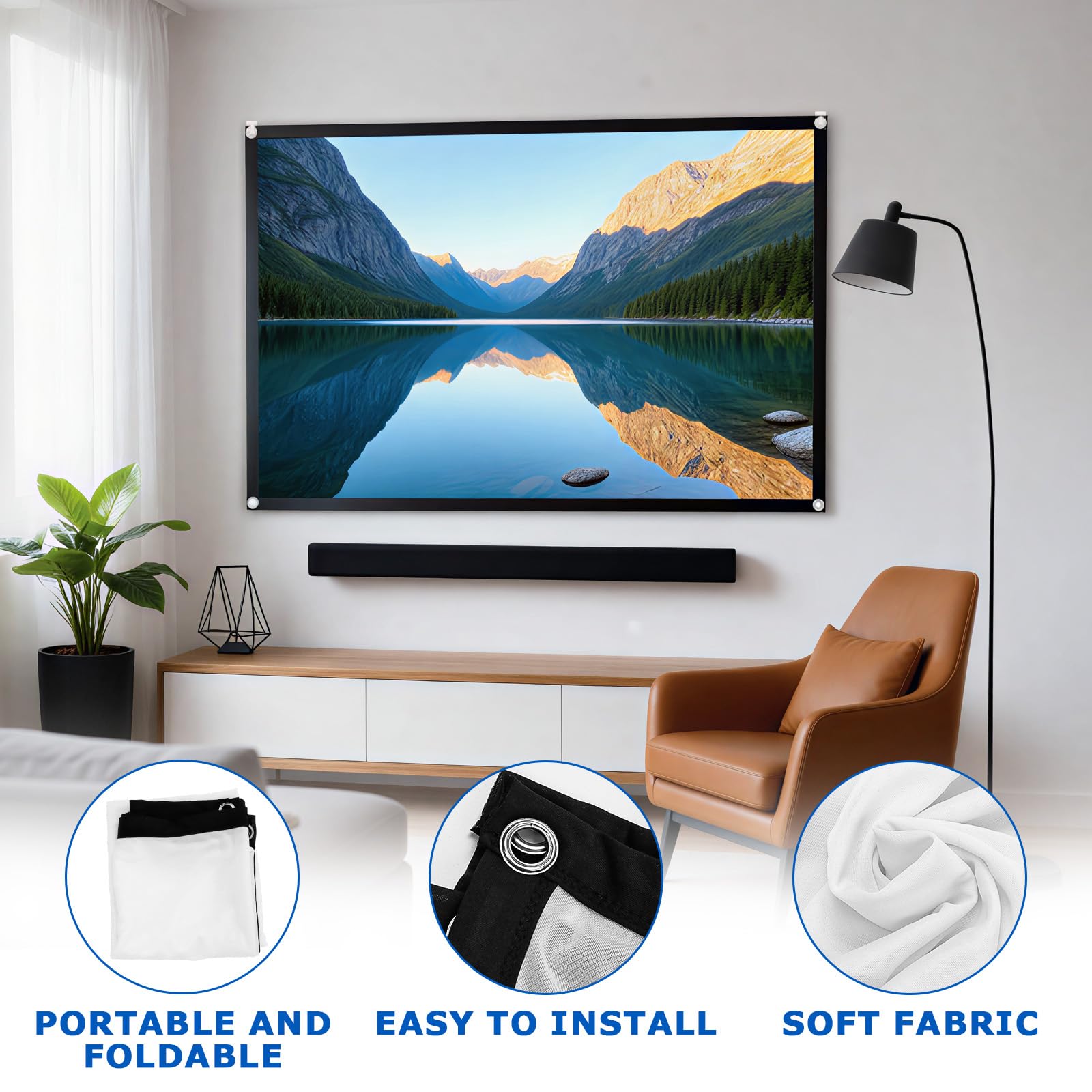 Ekran projekcyjny 60 cali 16:9, składany przenośny ekran, obsługuje 4K Ultra HD i Full HD, matowe antyzmarszczkowe płótno poliestrowe, szeroki kąt widzenia 180°, montaż bez wiercenia, do kina domowego