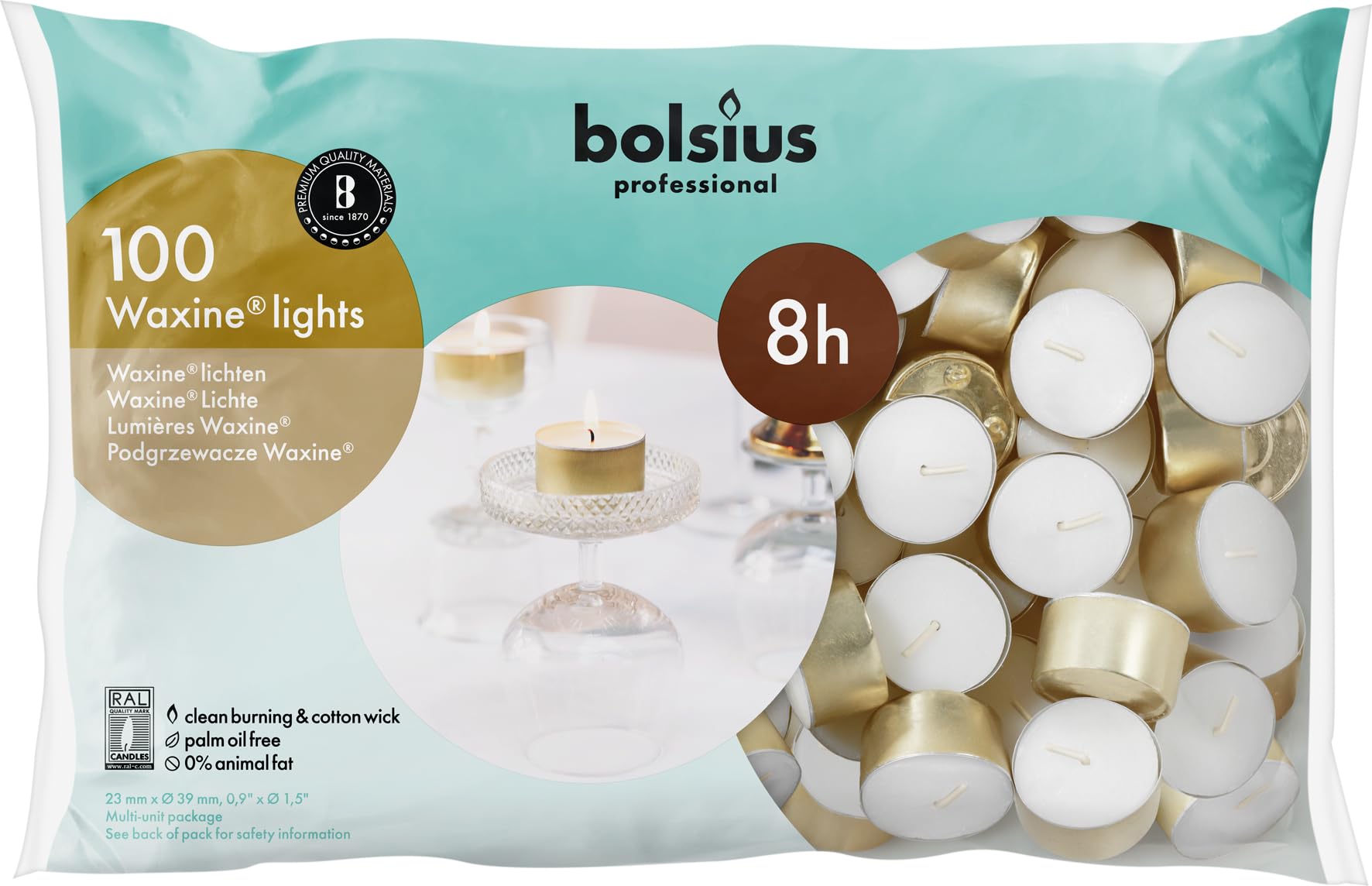BOLSIUS Lot de 100 bougies chauffe-plat dorées non parfumées avec mèches de coton et 8 heures de combustion – Bougies chauffe-plat en cire sans fumée pour fêtes, mariages, décoration d'intérieur et