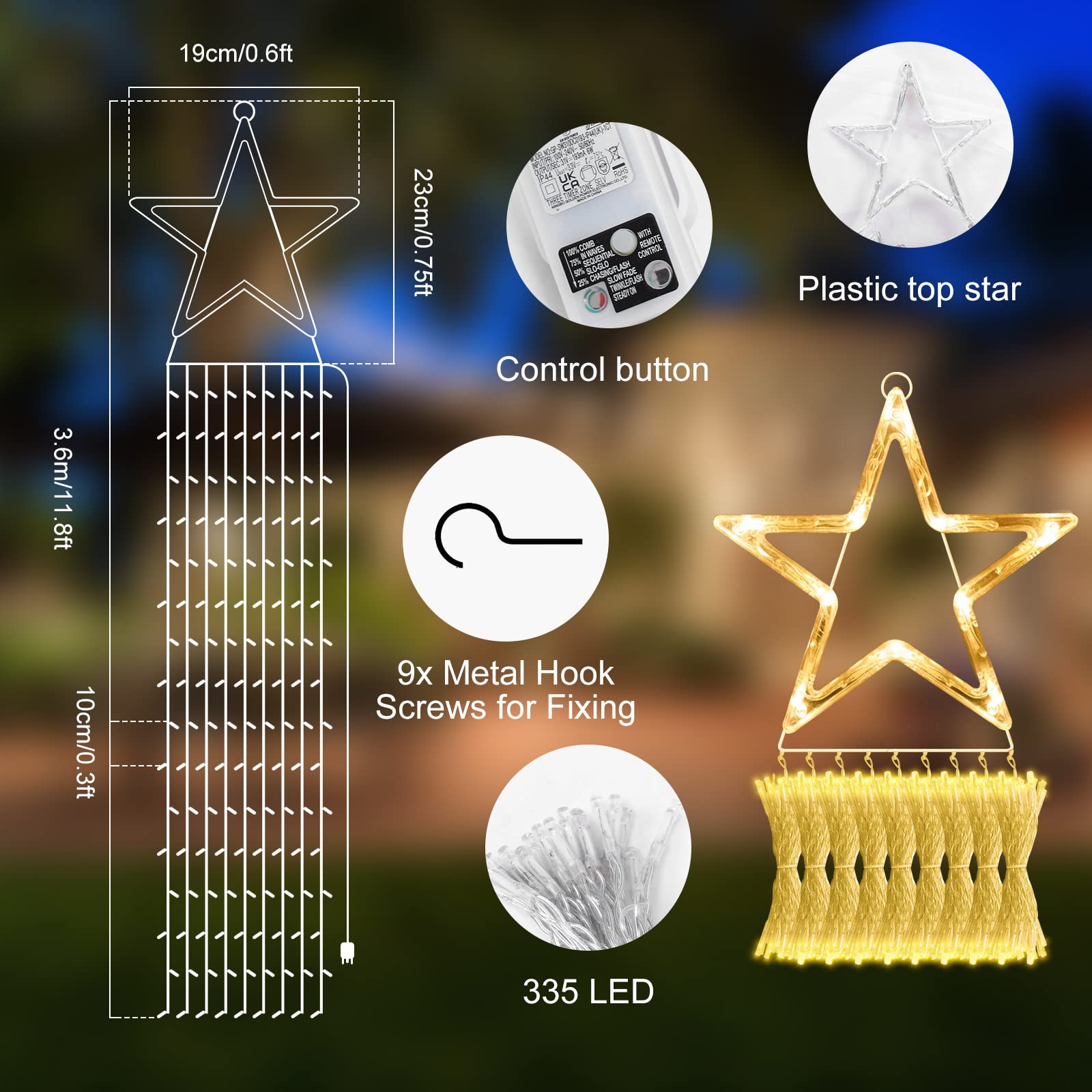 Rideau lumineux en forme d'étoile - Guirlande lumineuse d'extérieur avec prise - 335 LED - 8 éclairages pour l'intérieur et le jardin - Décoration d'arbre (blanc chaud)