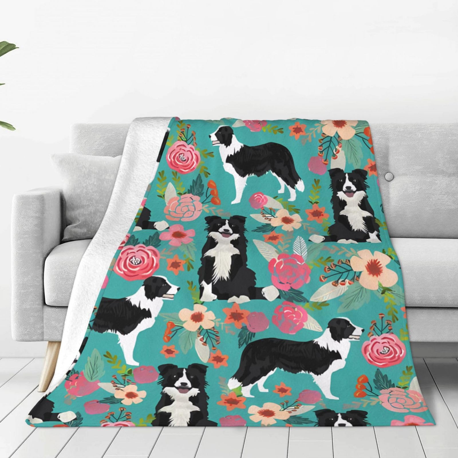 Border Collie Florals Throw Blanket 80"x60" Flannel Fluffy Warm Blanket for Couch, Reversible Plush Blankets for Bed, Comfy Fuzzy Blanket for Sofa, Plush Lightweight-Blankets for All Season