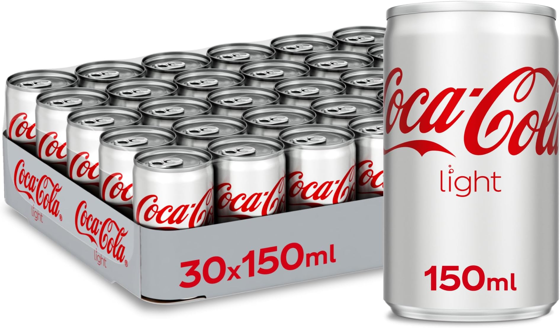 Coca-Cola Light, Pack of 30 Cans x150ml, Same Coca Cola Taste with no Sugar and Lighter Taste, Crisp Coke Light Soft Drinks