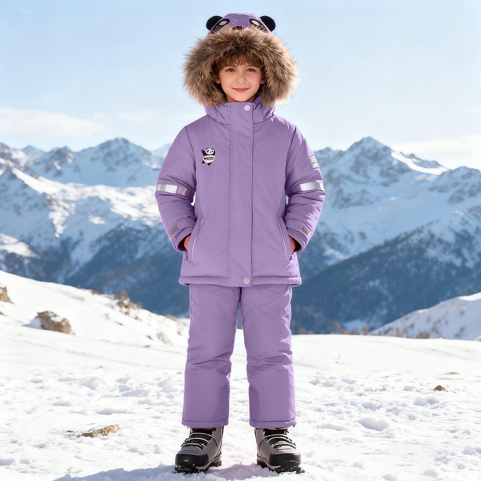 Trajes de esquí para niños y niñas, 2 piezas, chaqueta acolchada con capucha y rayas reflectantes + pantalones de nieve, conjunto de traje de invierno resistente al viento, cálido y térmico