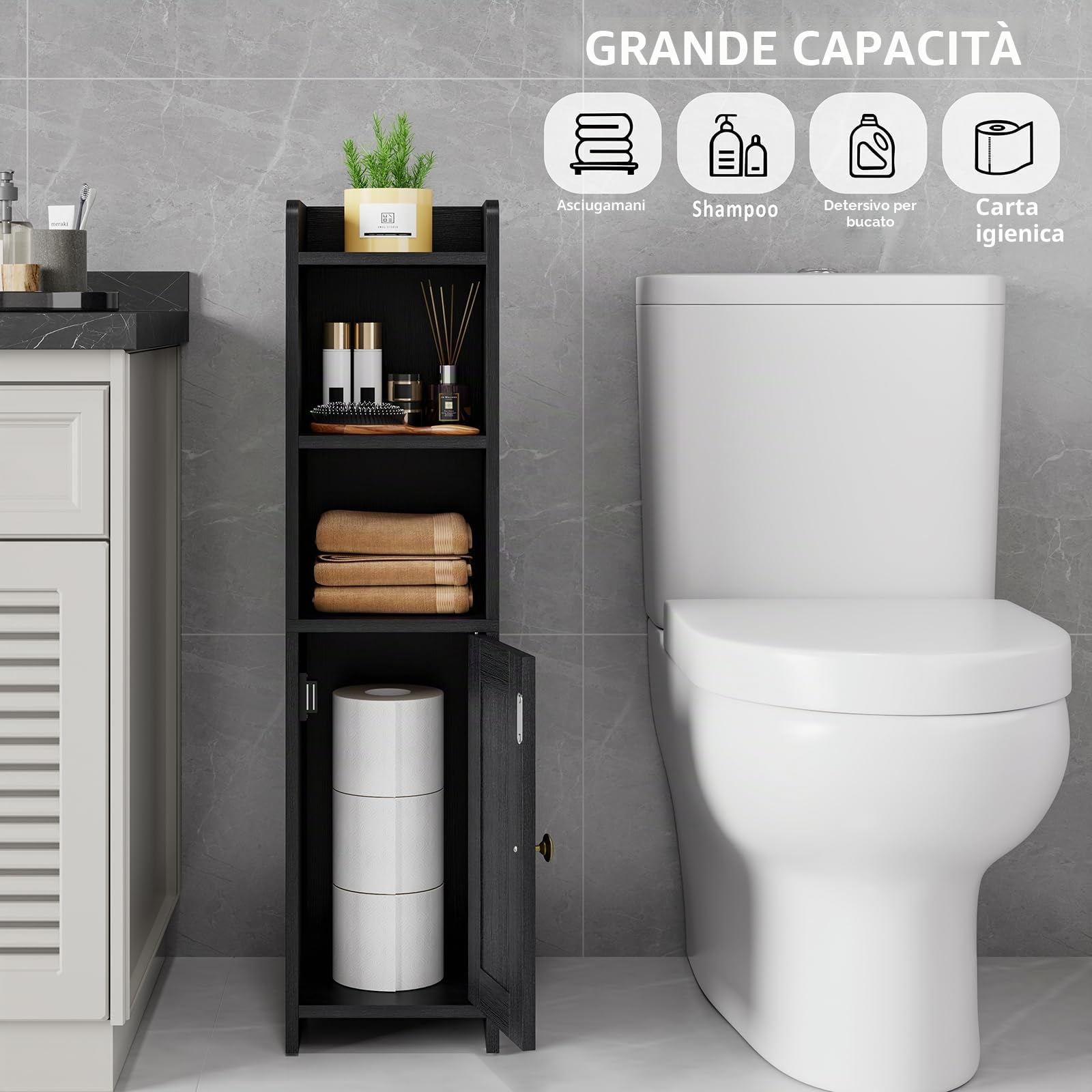 RRX Piccolo armadietto portaoggetti da bagno ad angolo, con anta, colore: nero | Armadietto angolare piccolo con ripiano regolabile, oltre a ripiani stretti per bagni stretti, 20 x 20 x 78 cm