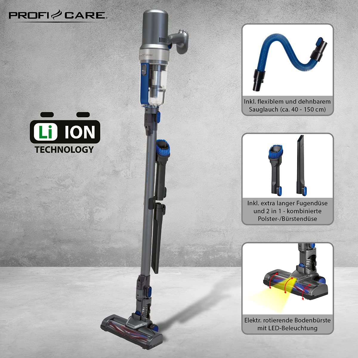 ProfiCare PC-BS 3085 A Akku Bodenstaubsauger, Eco-Cyclon-Twin-Spin Akku-Sauger mit 25,9 V Lithium-Ionen-Akku (2200 mAh), Inkl. flexiblem und dehnbarem Saugschlauch, anthrazit-blau
