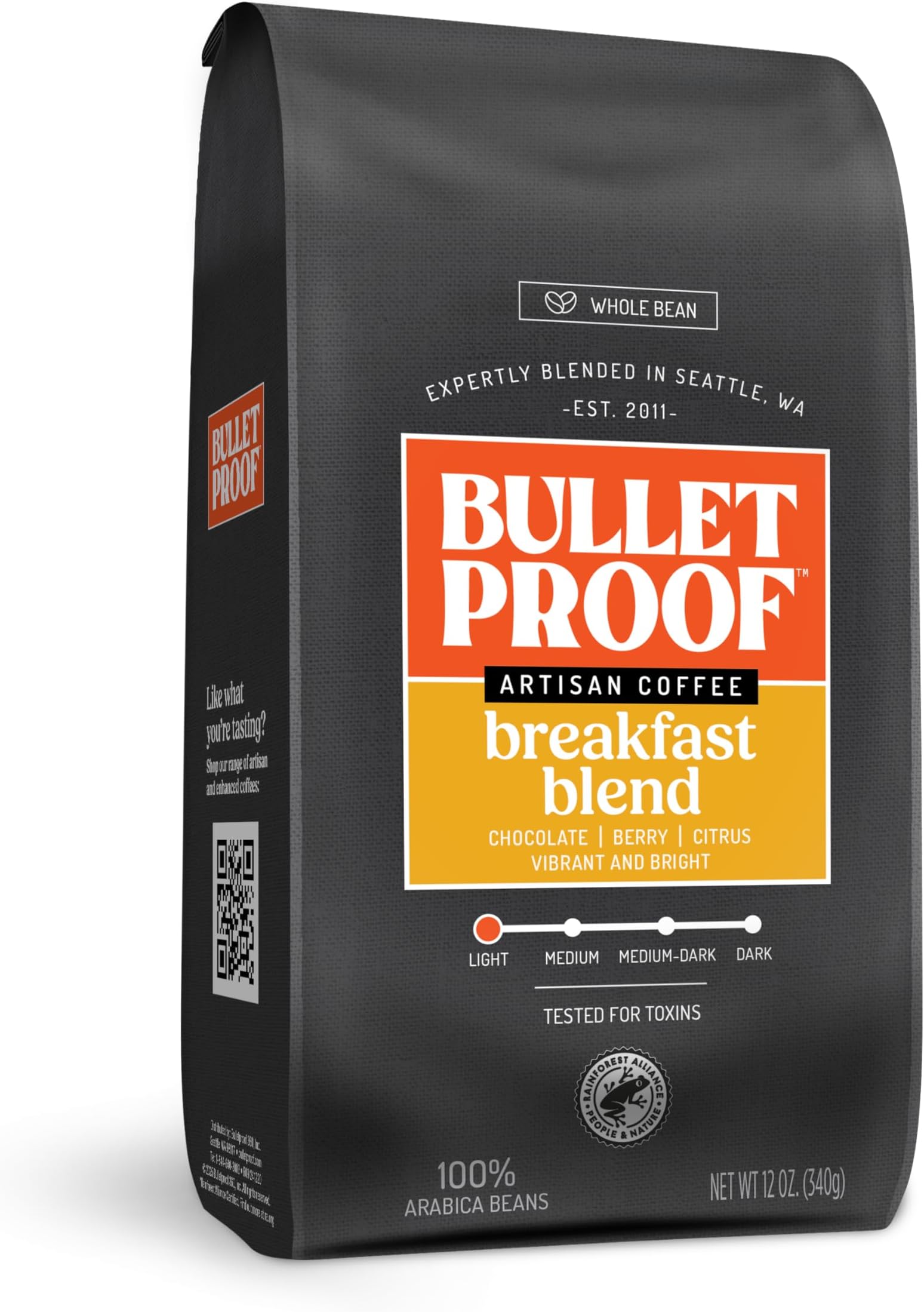 Breakfast Blend Light Roast Whole Bean Coffee, 12 Ounces, 100% Arabica Beans, Clean Coffee Tested for Toxins