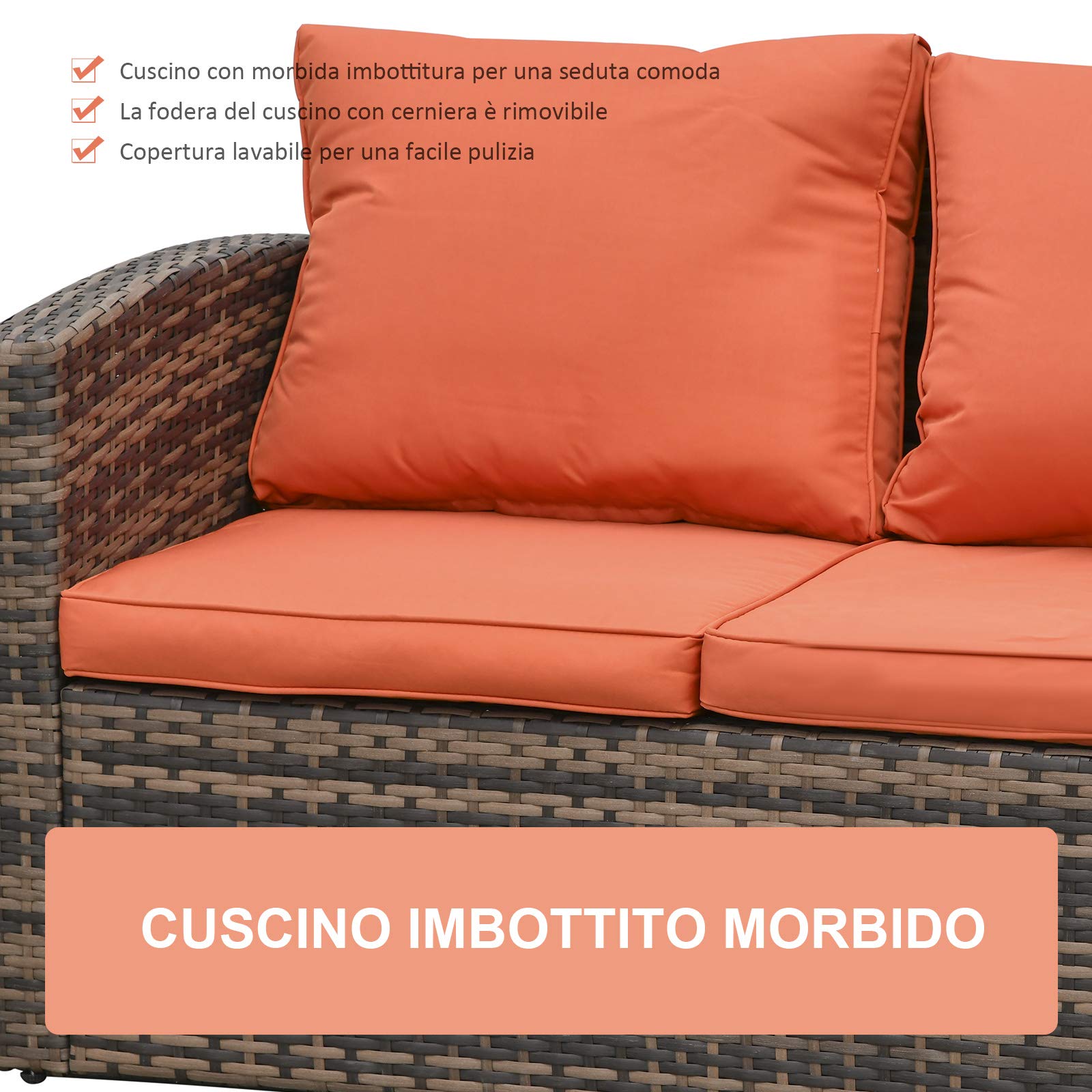 Outsunny Set Mobili da Giardino 6 Pezzi in Rattan, Salotto da Giardino con 2 Tavolini Contenitore, Divani e 2 Poltrone Imbottiti per 7 Persone, Marrone