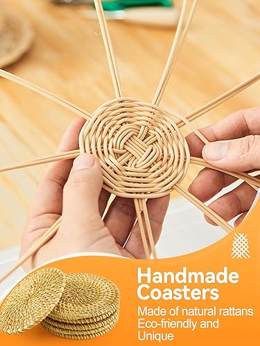 Miniatura 2 de 6pcs Handmade Rattan Coasters with Holder, Natural Wicker Boho Coasters Set, Heat-resistant Drink Coasters for Coffee Table Housewarming Gifts Hot