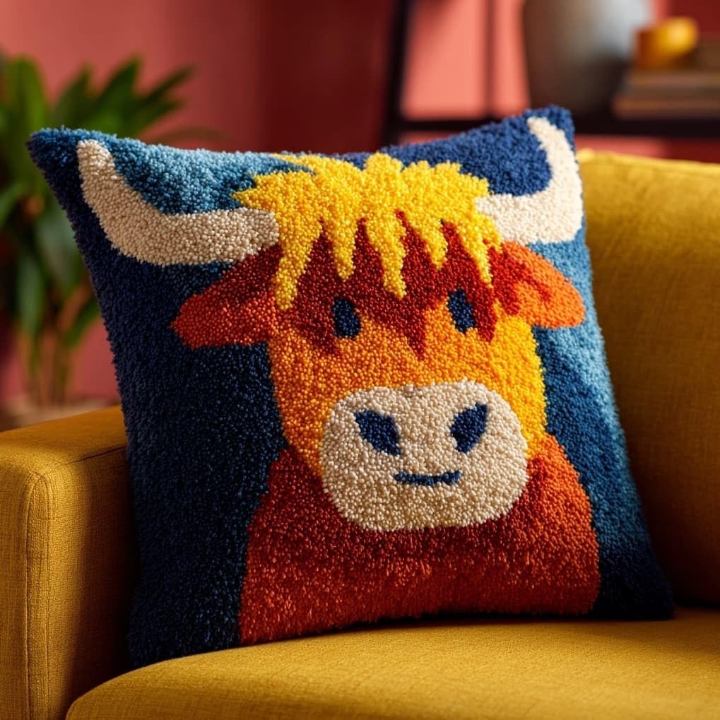 Axiangzik Highland Cattle Latch Hook Pillow Kits For Beginners,