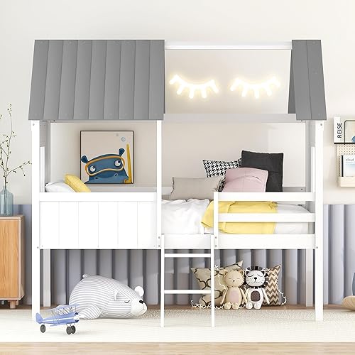 Miniatura 3 de Camas de casa para niños, marcos de cama baja tamaño individual, cama de madera para niñasniñosniños pequeños, blanco con gris