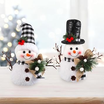 Black and White Plaid Snowman Decor 2-Piece Set - Winter Christmas Plush Dolls for Tiered Tray, Mantel, or Tabletop Display, Indoor Home Decor