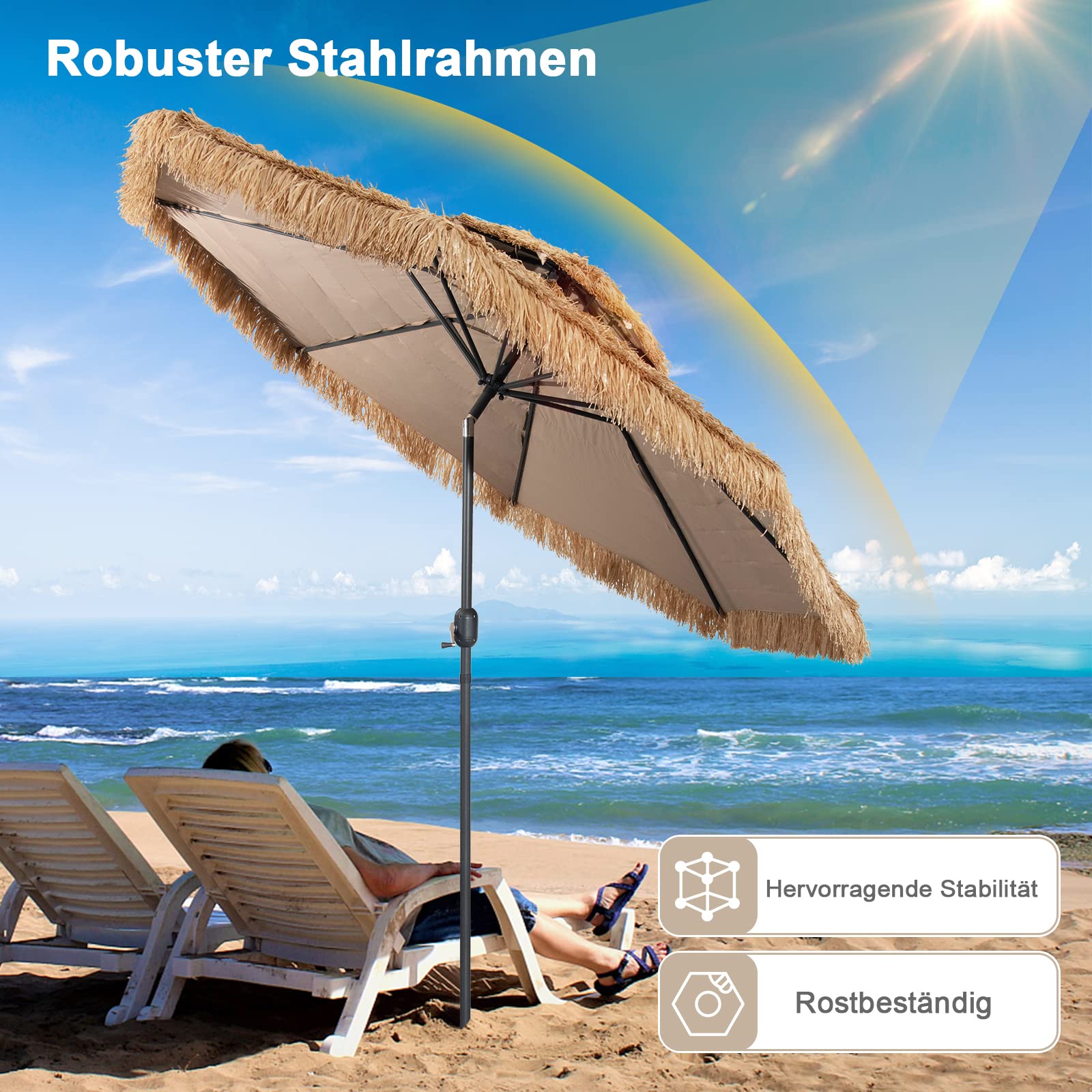 RELAX4LIFE Hawaii Sonnenschirm 300 cm, Reisstroh Strandschirm, Strohschirm mit Neigungsfunktion, Balkonschirm mit Doppeldach, Gartenschirm UV-beständig, Terrassenschirm für Garten & Strand