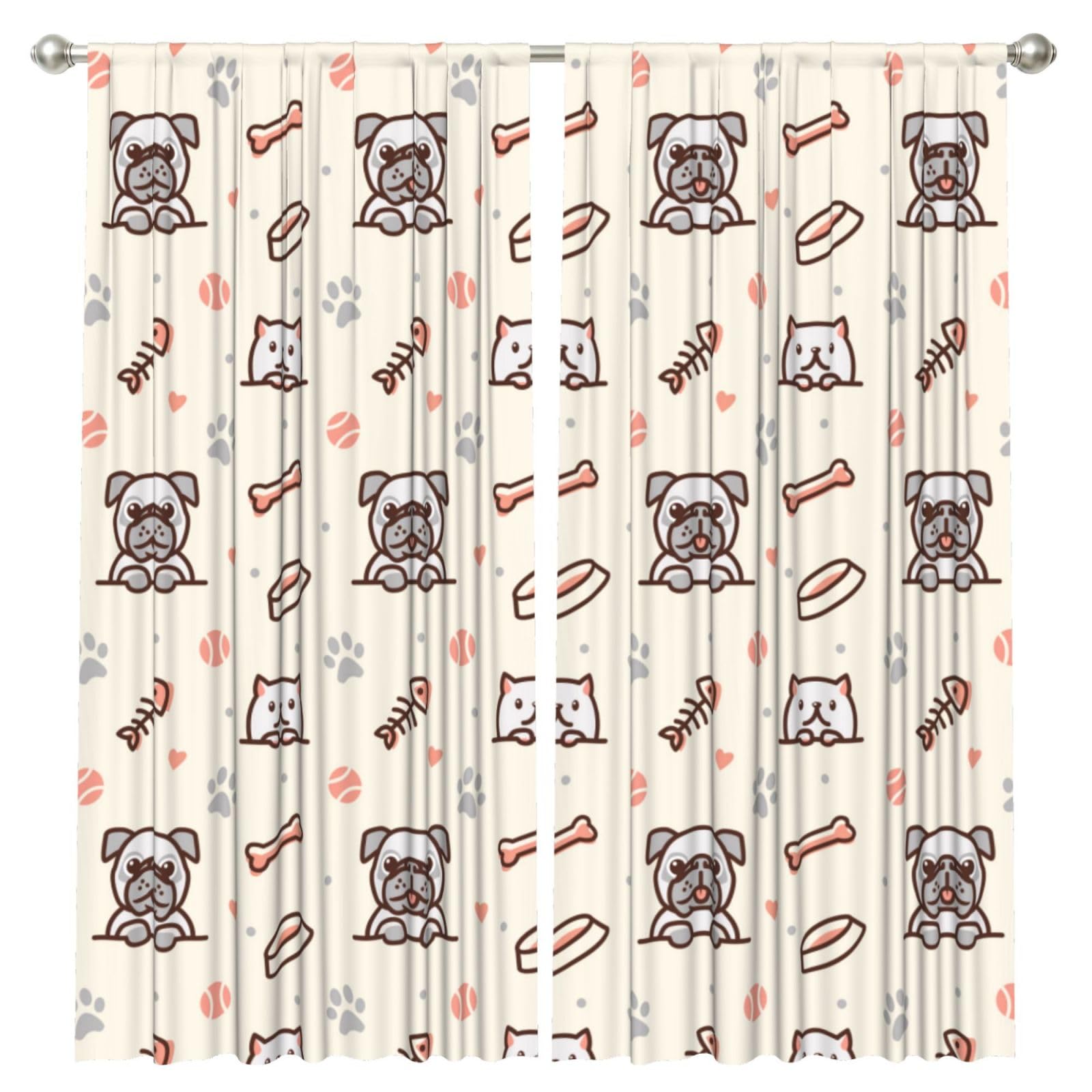 InOmak Pug Dog And Cat With Bone, 2 Panels Window Curtains 52 x 84 Inch Blackout Curtains for Living Room Bedroom