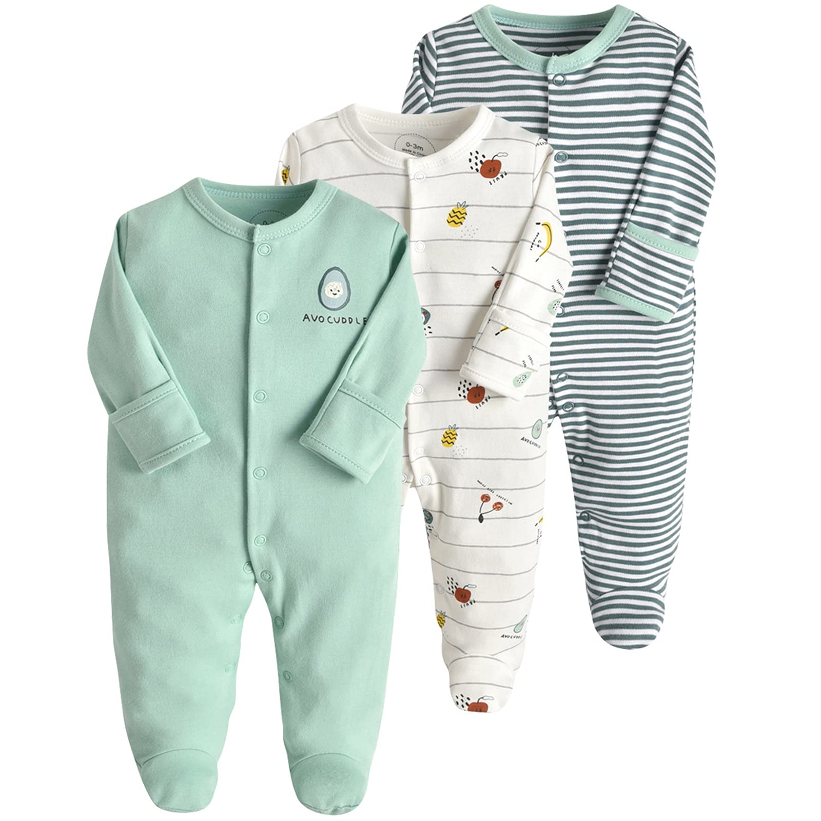 KIDDLETOWN Pyjama voor baby's, rompers voor pasgeborenen, 3 stuks slaaprompers met hoed en handschoenen, katoenen babypyjama met lange mouwen, pyjama