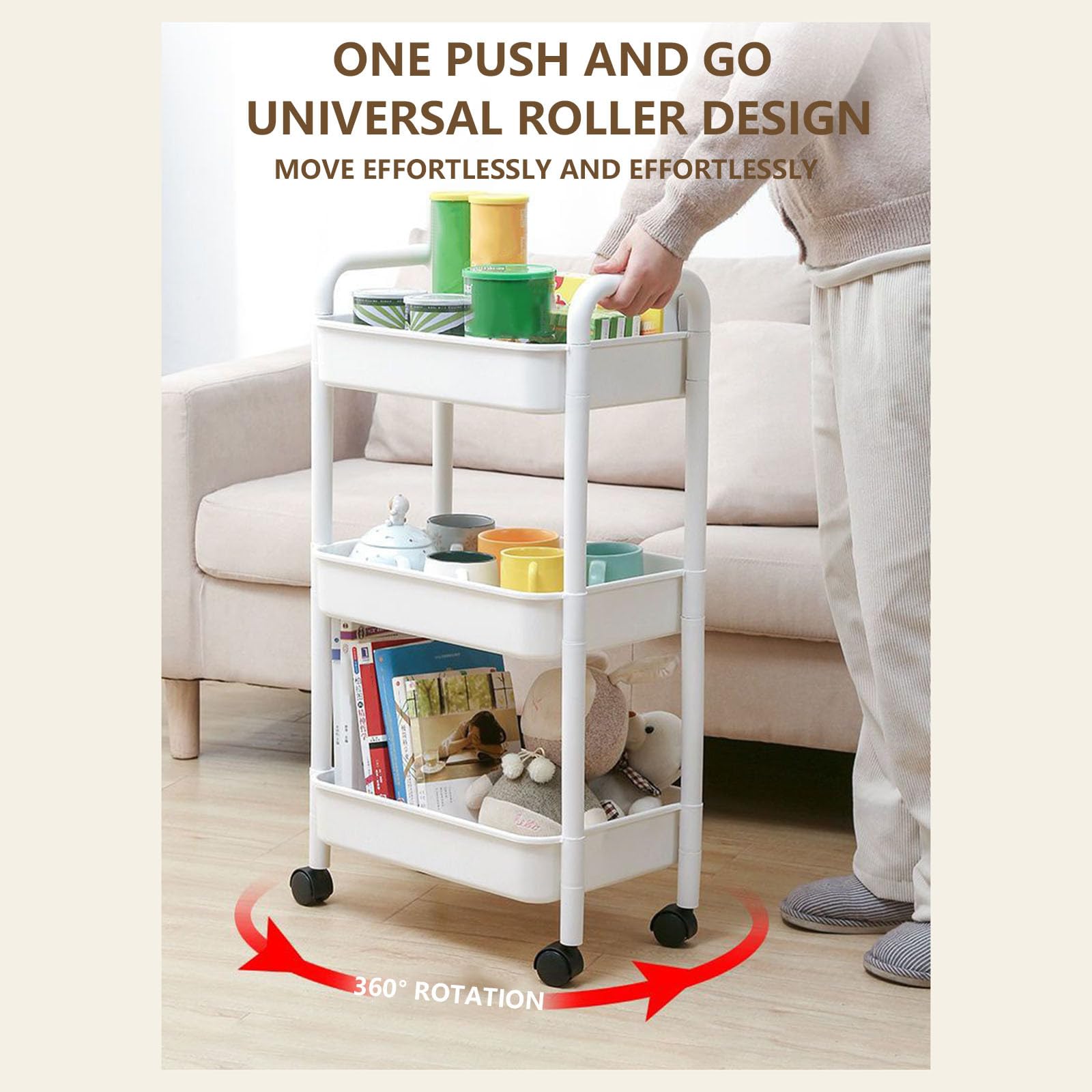 Generisch Carrello portaoggetti a 3 ripiani, carrello da cucina con ruote, organizer multifunzione, girevole a 360°, scaffale mobile, per cucina, camera da letto, camera dei bambini e