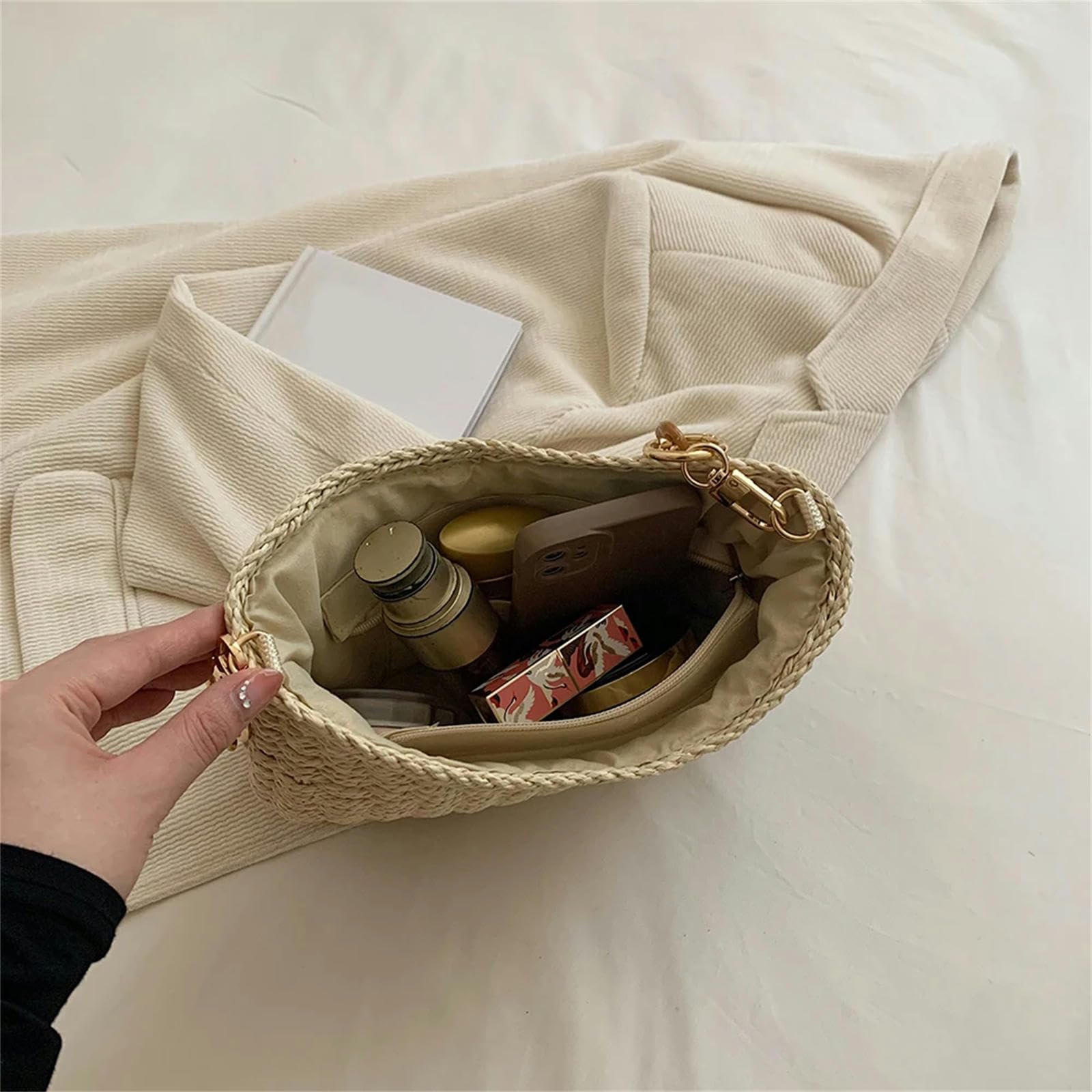 Strohtasche Strohhalm Für Frauen Gewebter Strandtasche Für Sommer Geldbeutel Casual Rattan Female Occine -tasche-beige