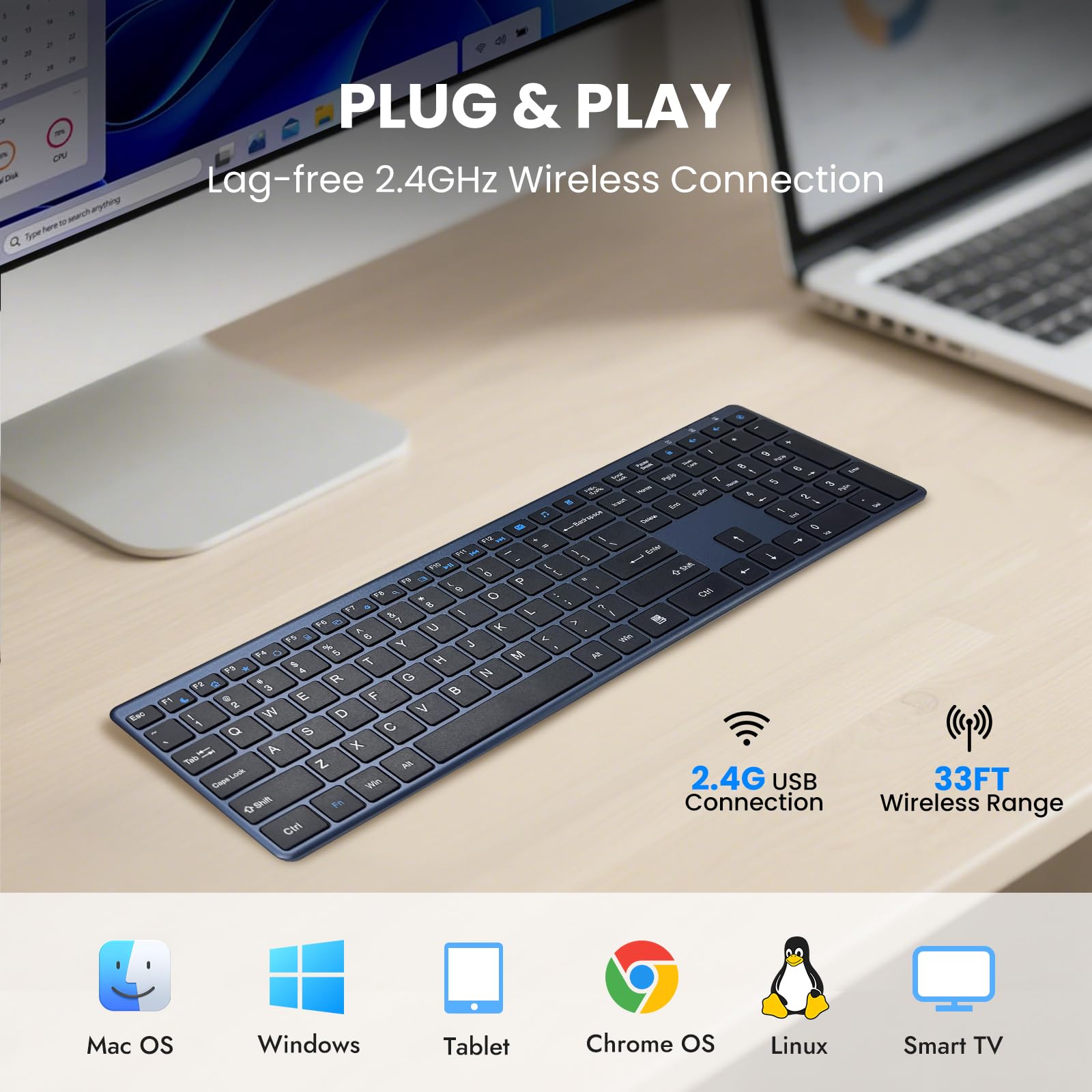Tastiera wireless 2,4 G ultra sottile e silenziosa, tastiera USB per PC, 19 tasti multimediali, tastierino numerico, plug & play, Ergo senza ritardi, lunga durata della batteria per desktop, laptop