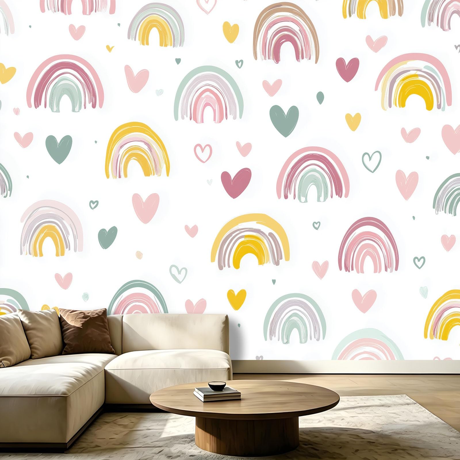 WTD - Papel pintado fotográfico (fieltro, 350 x 256 cm), diseño de corazones, diseño de arcoíris, color blanco