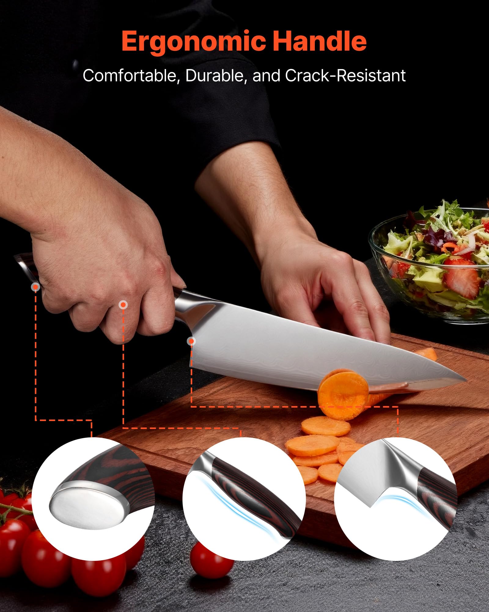 VEVOR Set di Coltelli da Cucina da 5 Pezzi, in Acciaio Inossidabile ad Alto Tenore di Carbonio, Coltello da Cucina con Impugnatura Ergonomica e Resistente alla Rottura per un Taglio Preciso