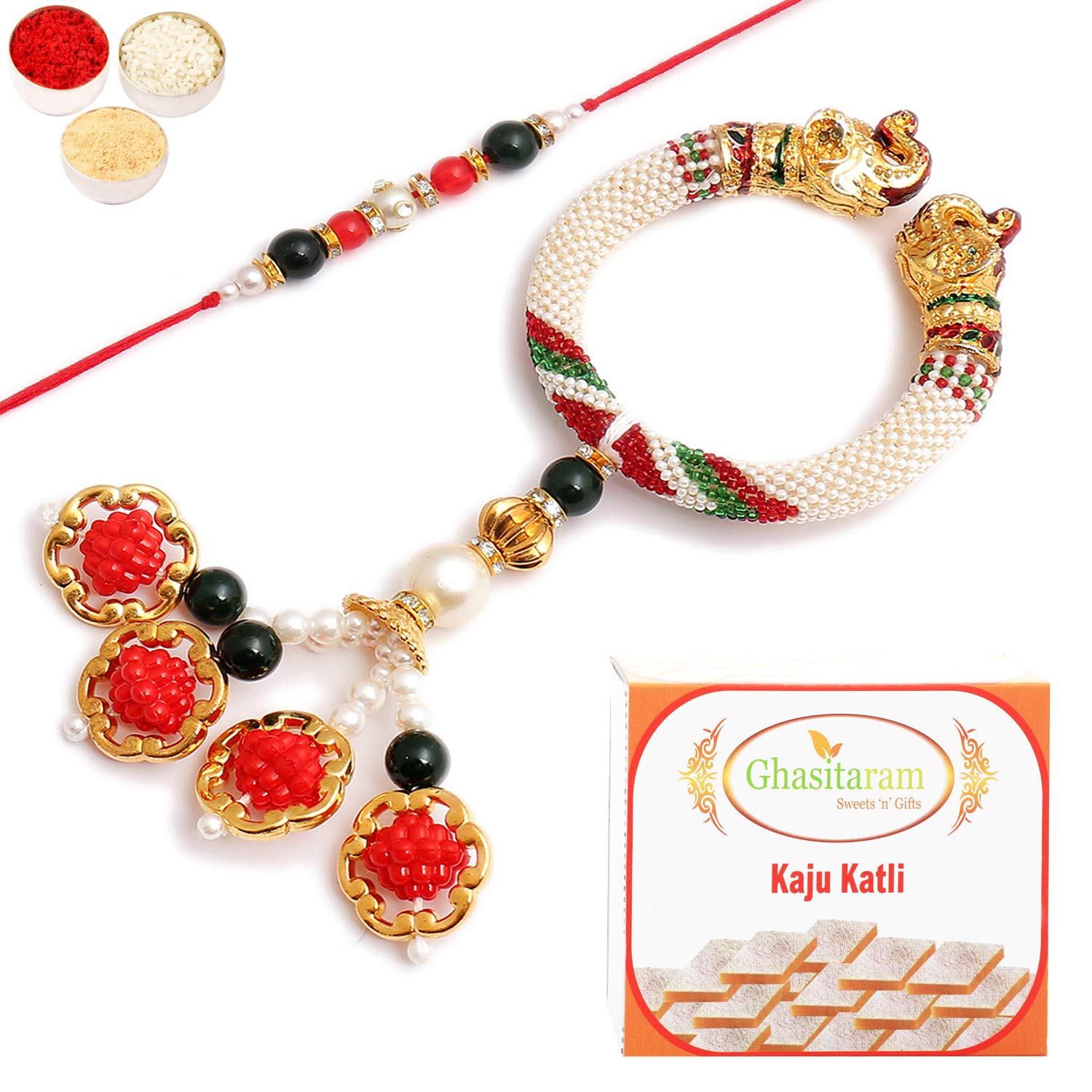Ghasitaram Gifts Rakhis Online- Paradise of Faith Bhaiya Bhabhi Rakhi with 200 gms of Kaju katli
