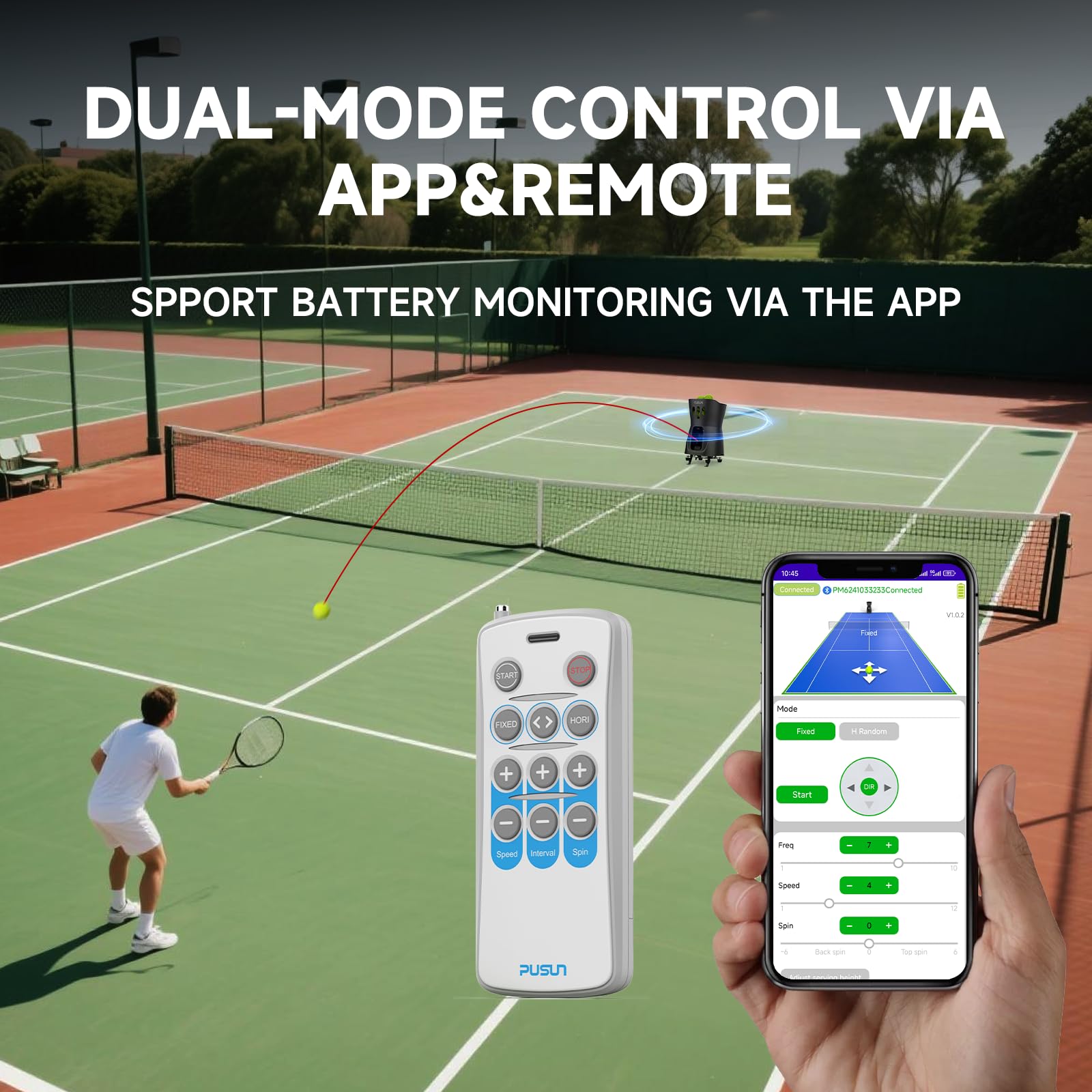 PUSUN - Macchina per lanciare palline da tennis, per bambini/principianti, capacità 65 + palline, doppio controllo tramite app e telecomando, durata della batteria 3-5 ore, attrezzatura portatile per