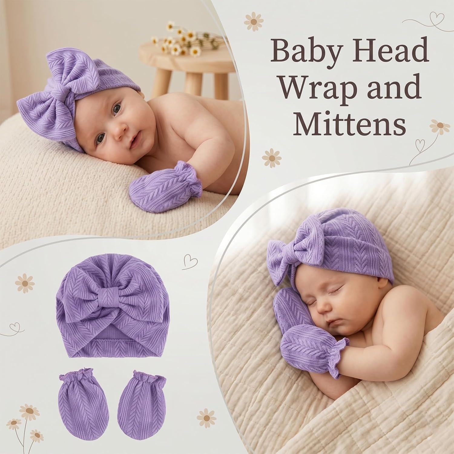 Newborn Baby Girl Hat Mittens Soft Hospital Bow Hats Beanie No Scratch Gloves for Infant New Born Girls 0-6 Months