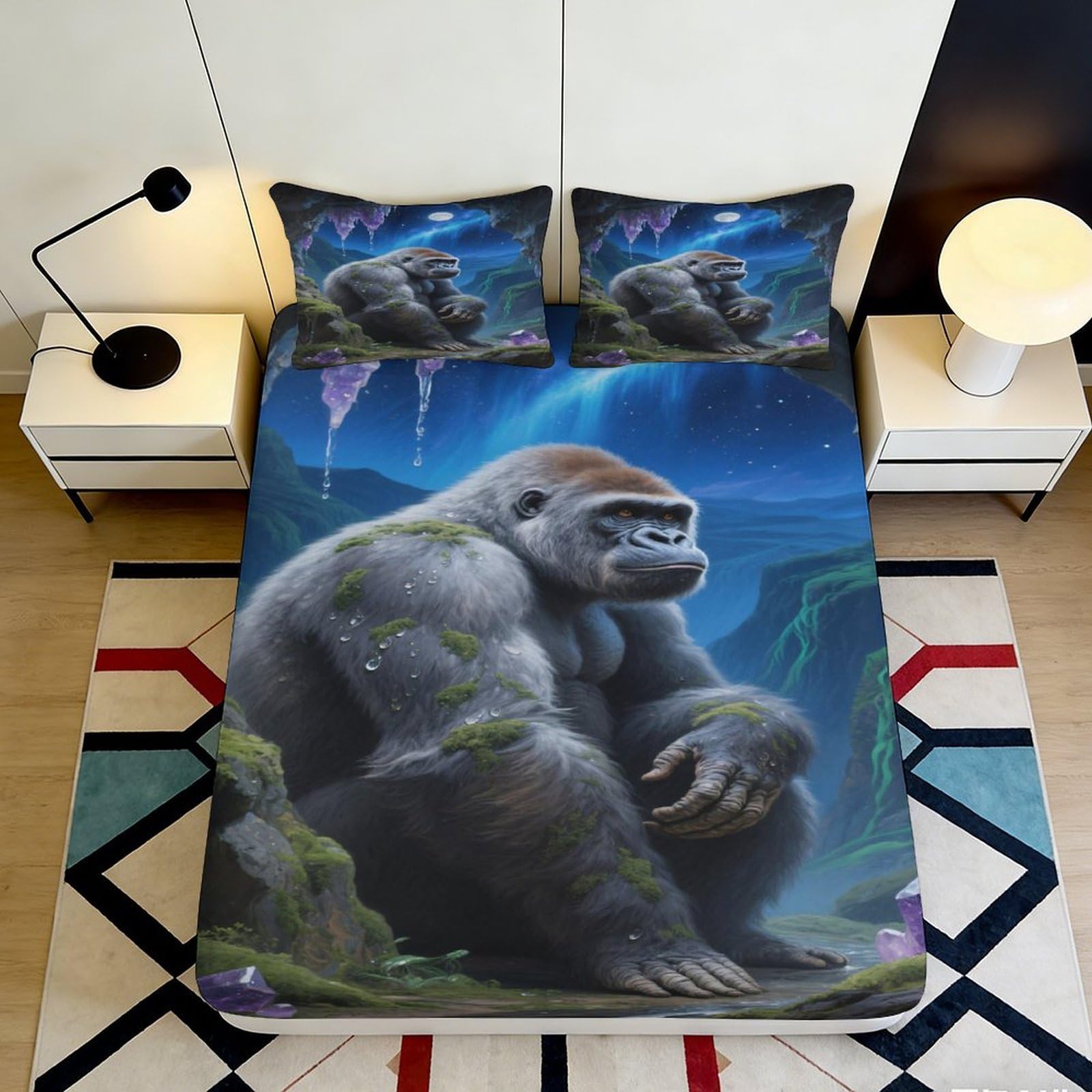 3D Printed Gorilla Jungle Fitted Sheet Microfiber Soft Mattress Cover Blue Night Bedroom Dorm Protector Decor 120x200x25cm