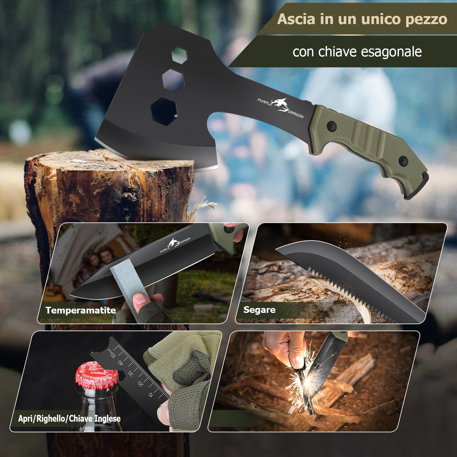 Purple Dragon Set di Coltelli Grandi Ascia Spaccalegna con Fodero, Tomahawk con Manico Full Tang in Acciaio D2 in un Unico Pezzo, Coltello Sopravvivenza Lama Fissa, Coltello Regali per Uomini
