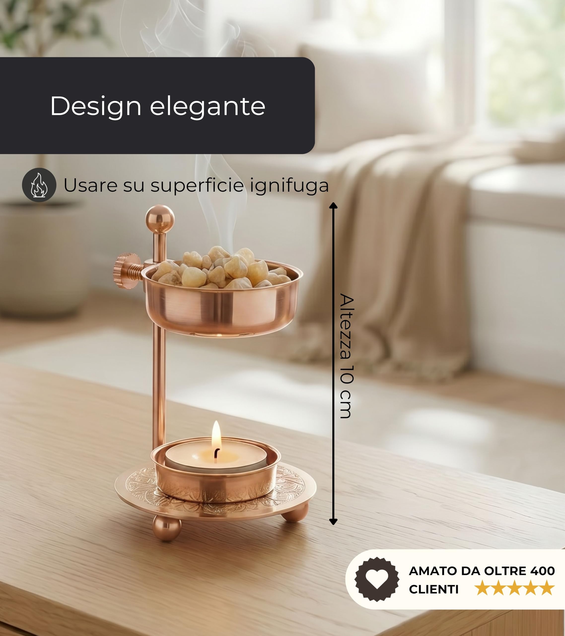 Incensera Bruciatore con Colino in Oro Rosa – Porta Resine ed Erbe, Contenitore Robusto, Incense Burner, Accessorio per Affumicatura
