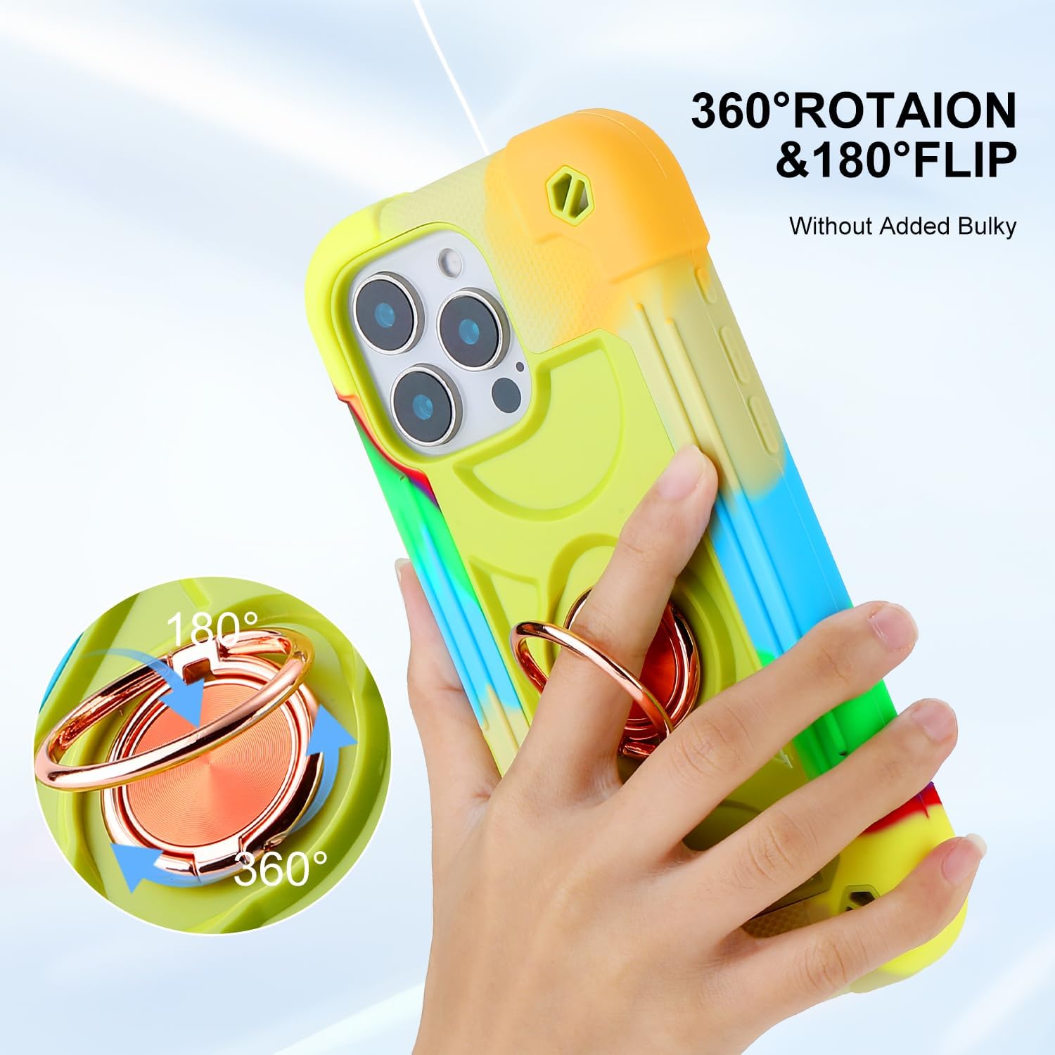 for iPhone 16 Pro 6.3 inch Case - Heavy Duty Shock Resistant Military Grade Rugged Case with Ring Stand, Glass Screen Protector and Camera Lens Protector (Rainbow Green)