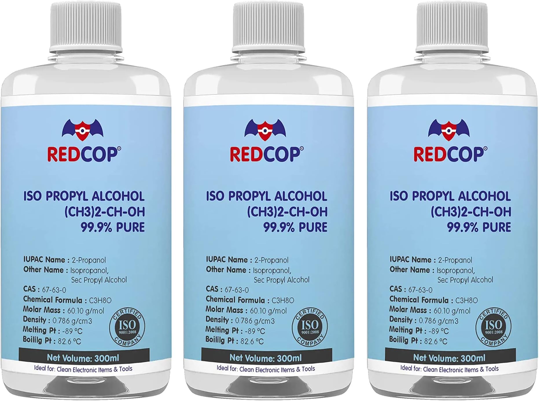 REDCOP Isopropyl Alcohol 99.9% Pure [(CH3)2-CH-OH] CAS: 67-63-0] 300ml Rubbing Alcohol Pack of 3