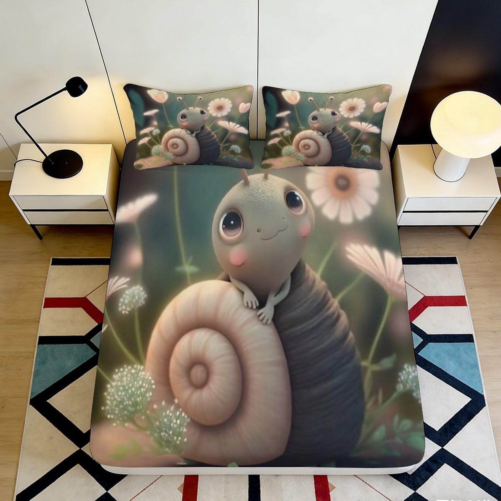 3D Printed Cartoon Snail Fitted Sheet Microfiber Bedroom Bedding Deep Pocket Non-Slip Snail Mattress Fitted Cover for Adults Teens 90x200x25cm 90x200x25cm