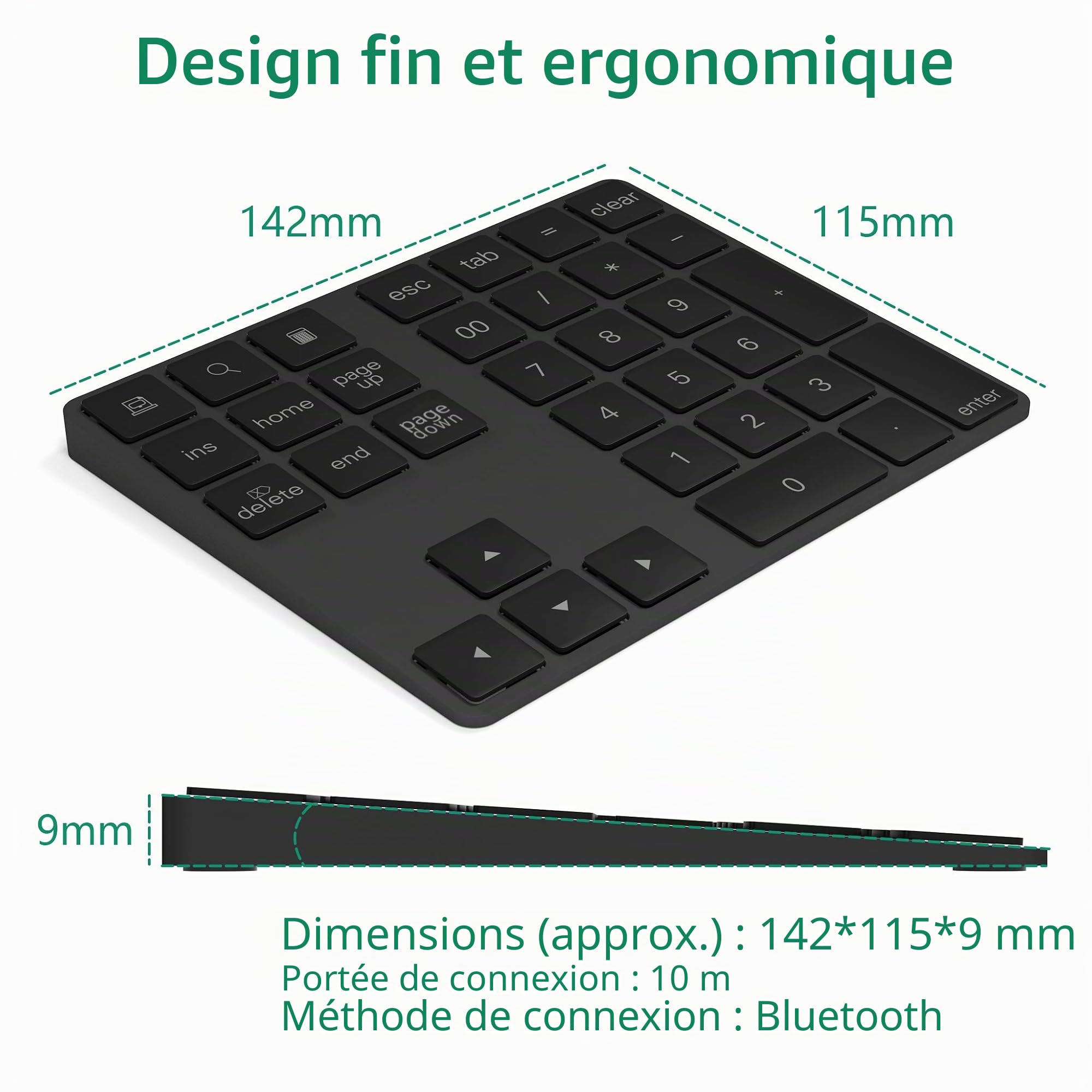 Pave Numerique Bluetooth, Clavier Pave Numerique sans Fil en Externe à 34 Touches avec Plusieurs Raccourcis Clavier pour Laptop Windows Compatible ma c avecTablette Android Smartphone