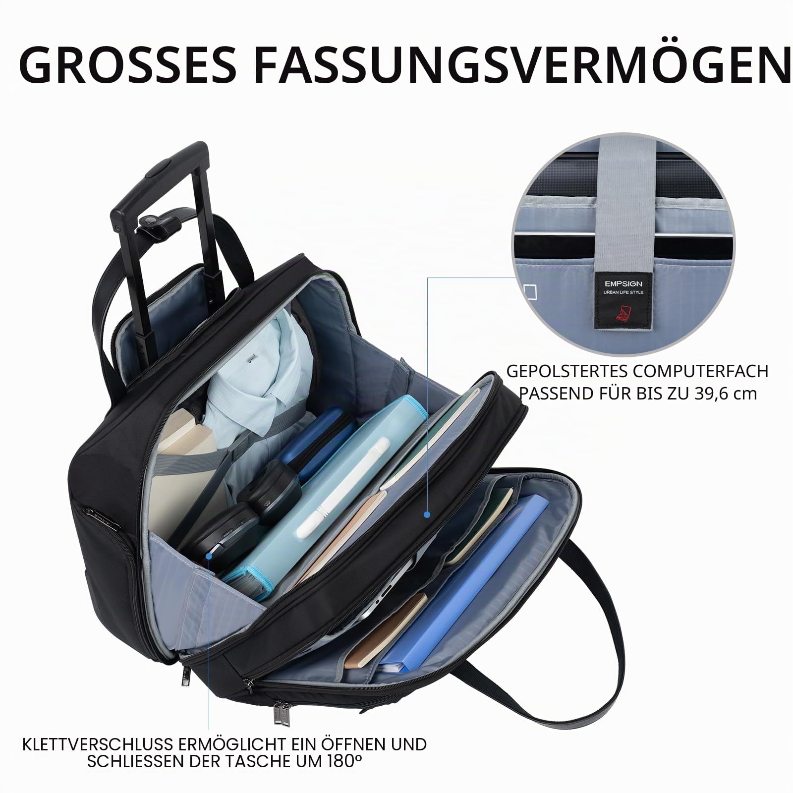 EMPSIGN Trolley Business Rolling Laptop mit Rädern, Rolling Laptoptasche für Frauen passt bis zu 15.6 Zoll Laptop Aktentasche auf Rädern, Wasserabweisende, mit RFID Taschen, schwarz