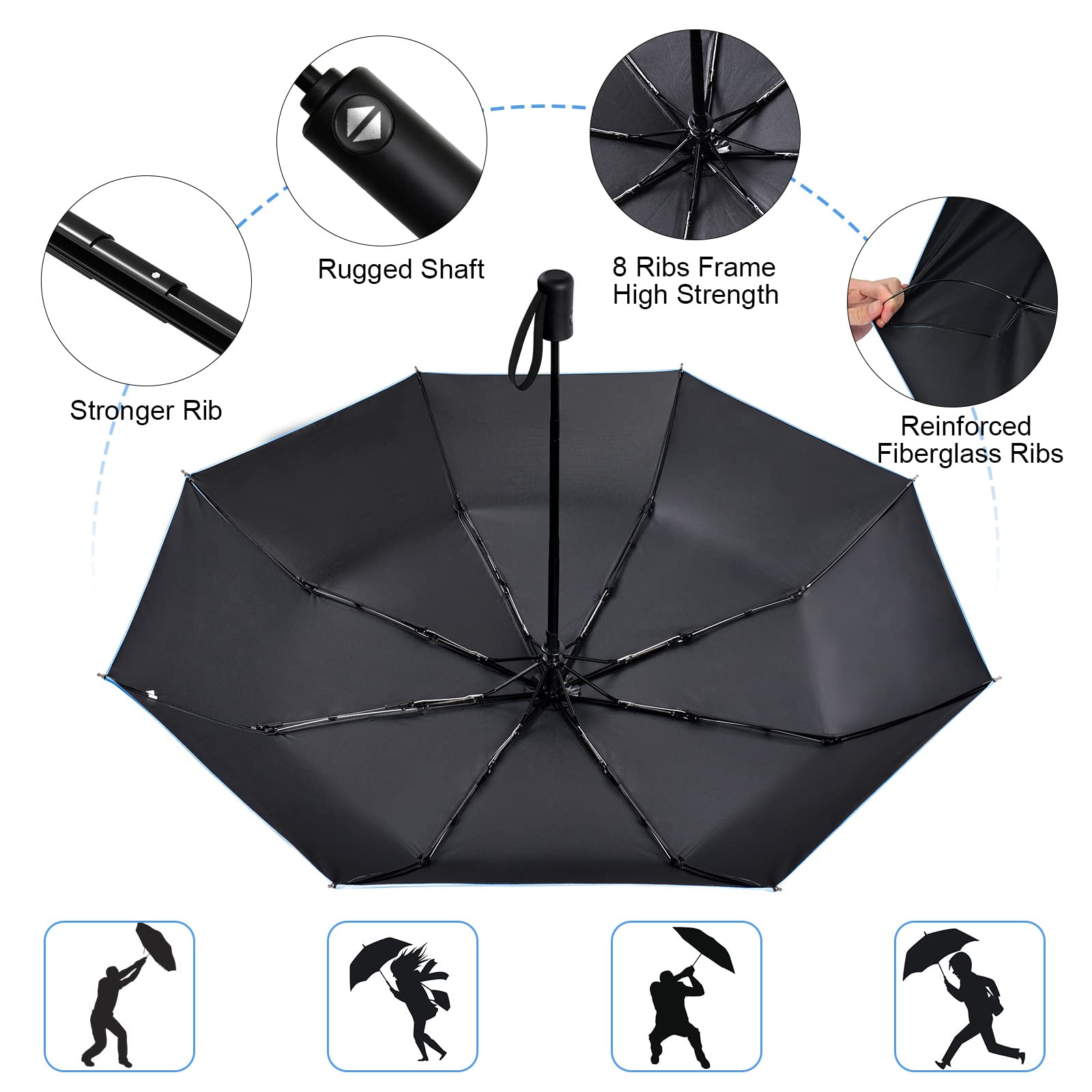 Vicloon Ombrello Portatile - Ombrello Pieghevole Compatto con 8 Nervature in Lega di Alluminio, Viaggio Ombrello Anti-tempesta Rivestimento in Teflon 210T, UPF>50+ Ombrello da Sole/Pioggia