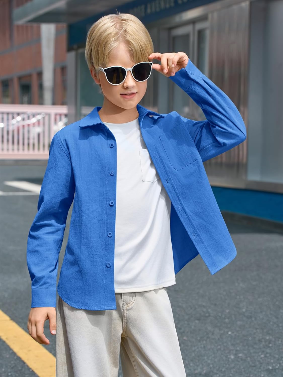 Haloumoning Boys Linen Button Down Shirts Kids Long Sleeve Dress Shirts School Uniform Shirt 5-14 Years - Image 3