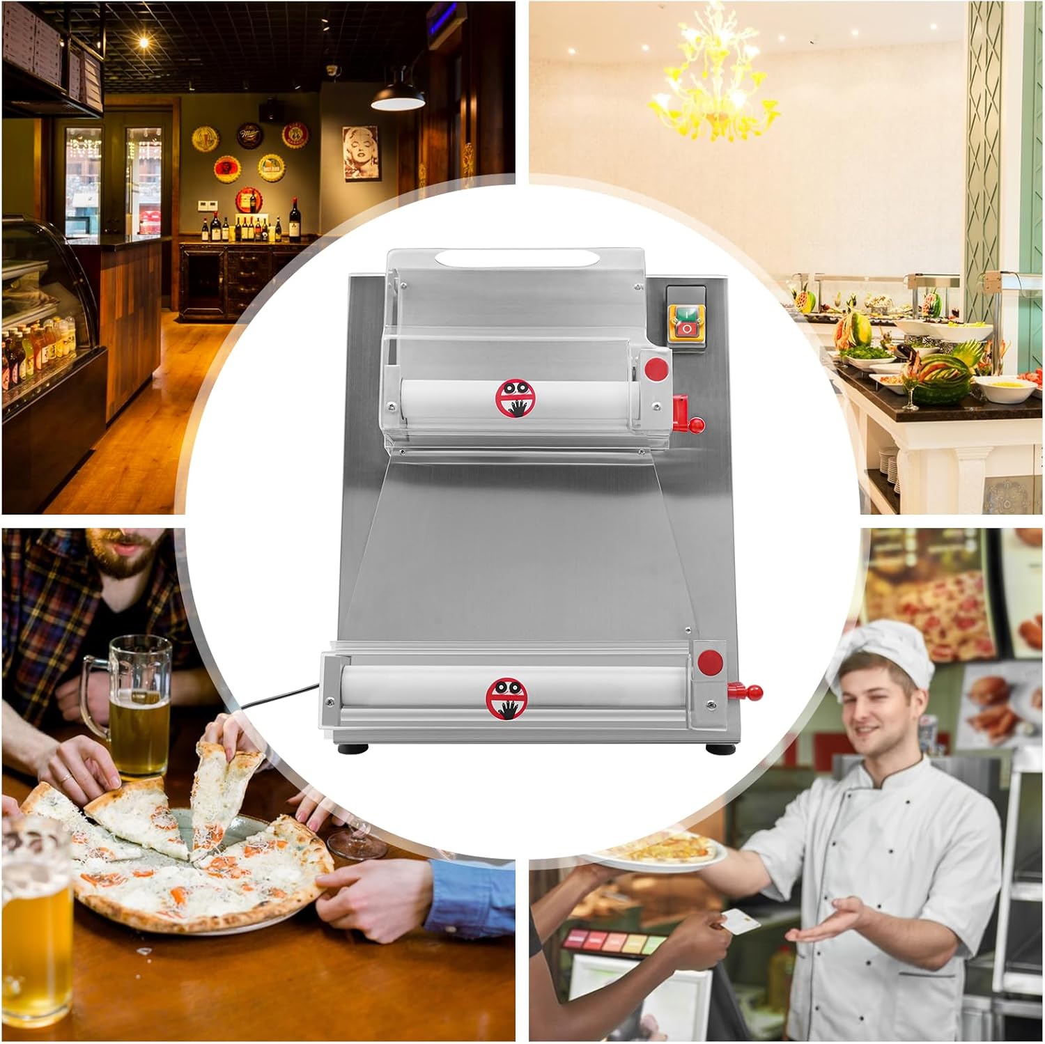 Commercial Dough Roller Sheeter 3-15 Inch Electric Pizza Dough Press Roller Machine Automatic for Noodle Pizza Bread and Pasta Maker, 370W