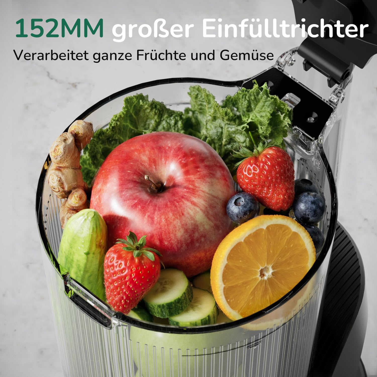 Canoly Entsafter 350W mit 152mm extra Großer Einfüllschacht, Slow Juicer mit 3-in-1 Sieb (für Saft, Sorbet & Nussmilch), AC-Motor, Entsafter gemüse und obst, Selbst-Vorschneidesystem, Grau