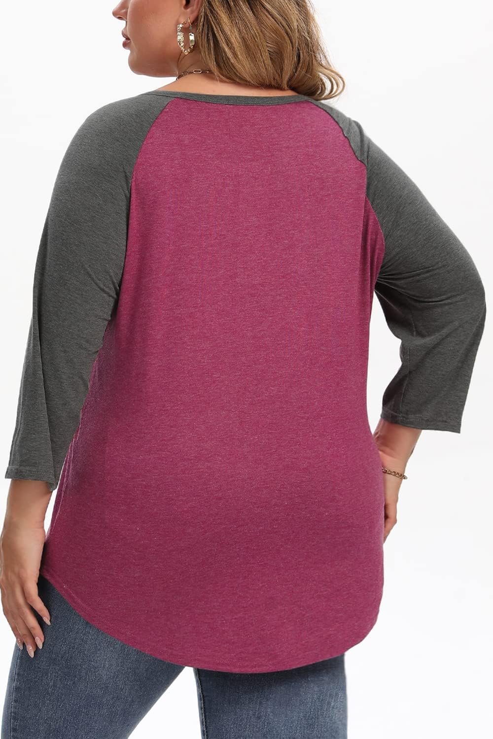 3/4 Sleeve Shirts for Women Plus Size Casual V Neck Blouses Color Block Henley Shirts - Image 5