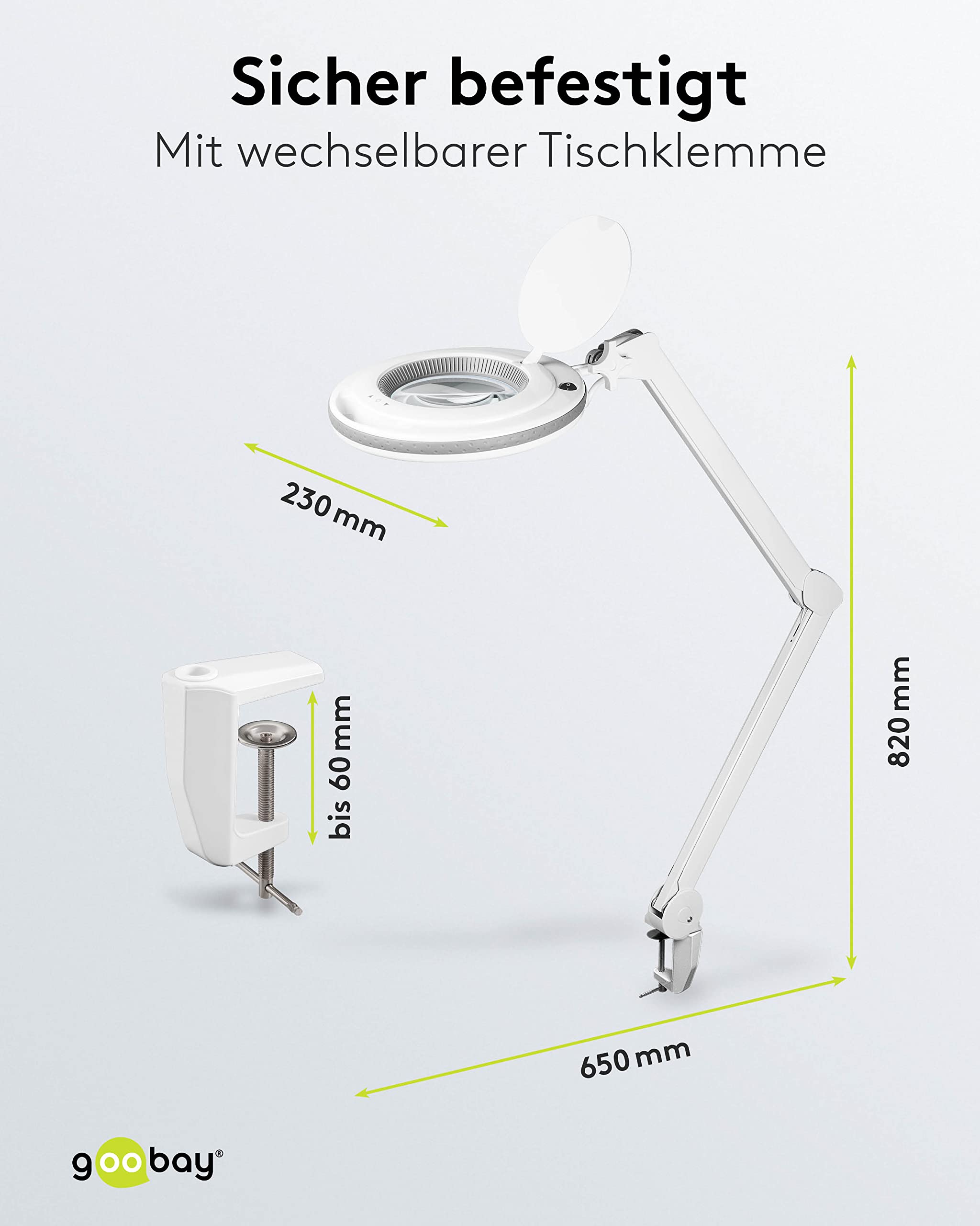 goobay 60362 Lampe loupe LED avec pince/Puissance absorbée 9 W/Lentille en verre cristal 127 mm/Température de couleur 6400 K/Grossissement 1.75x / Flux lumineux 83-730 lumens/Blanc