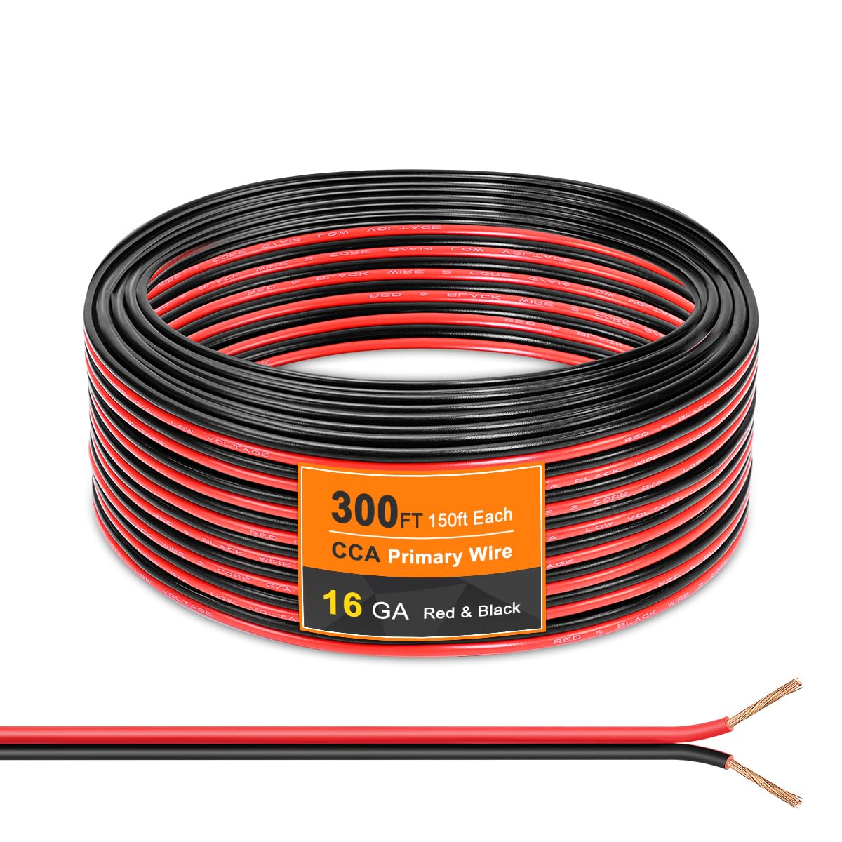 Cable de calibre 16 de 150 pies, cable eléctrico flexible de 2 conductores rojo y negro, cable de extensión de aluminio recubierto de cobre de 16 AWG, bajo voltaje para cable automotriz, cable de