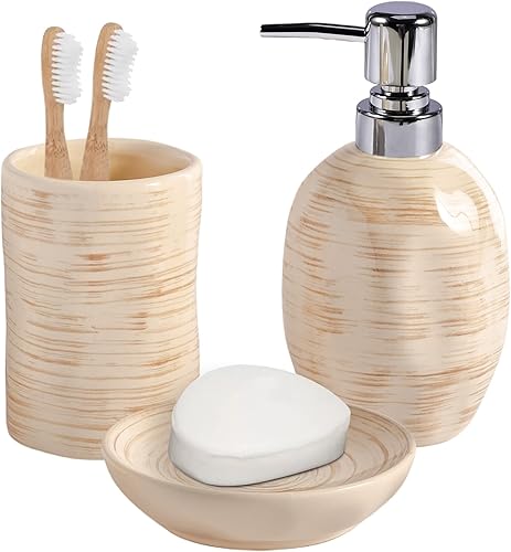 Juego de 3 accesorios de baño, accesorios de baño de cerámica completos soportes para cepillos de dientes, dispensador de jabón, jabonera,