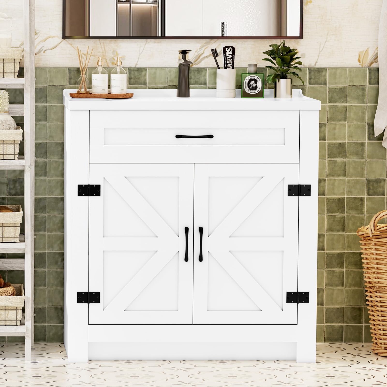 Waschtisch Set mit Unterschrank, Keramik Waschbecken Weiß, 80x47x90 cm
