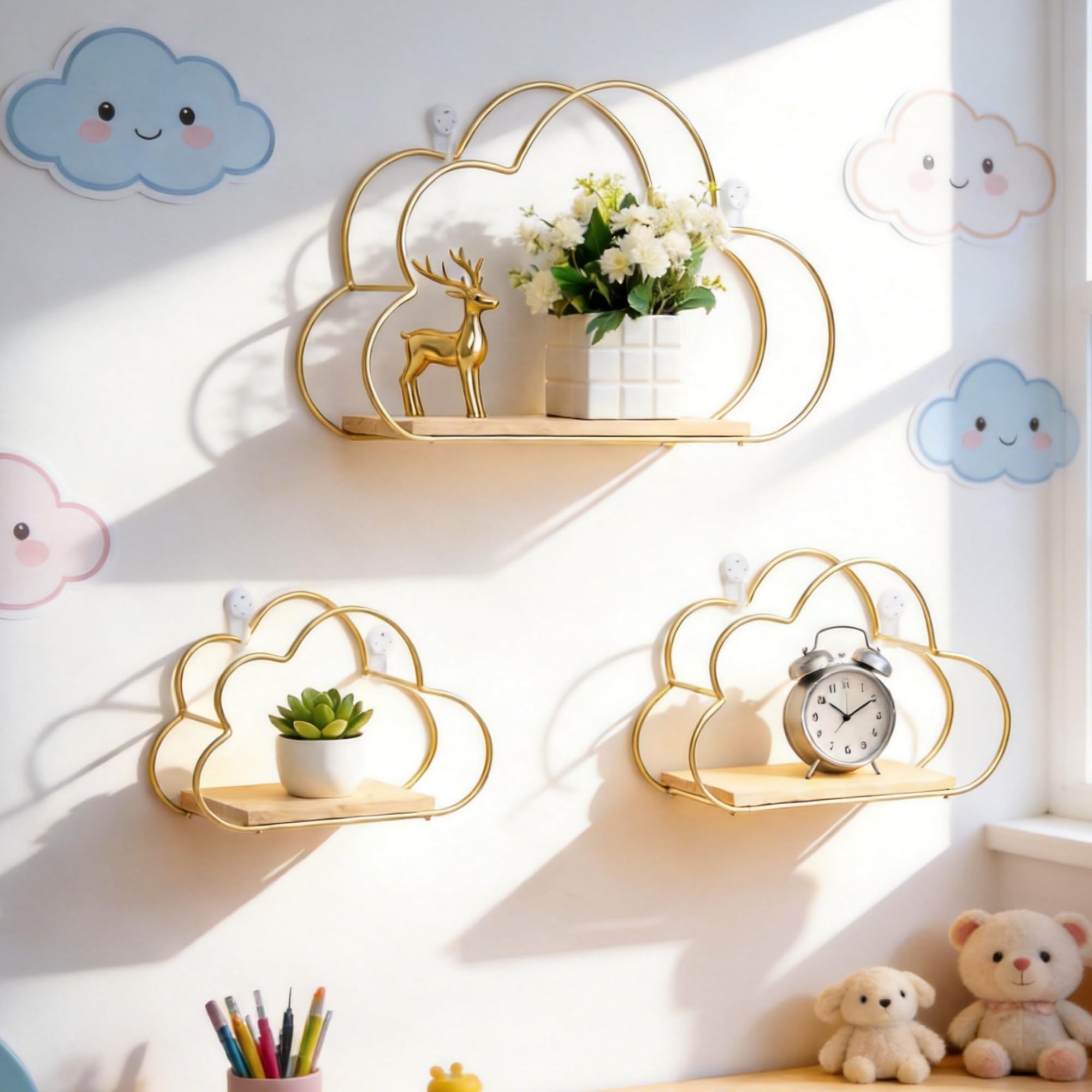 aleawol Gold Cloud Floating Shelves, 3 Sizes Wall Decor with Invisible Nail