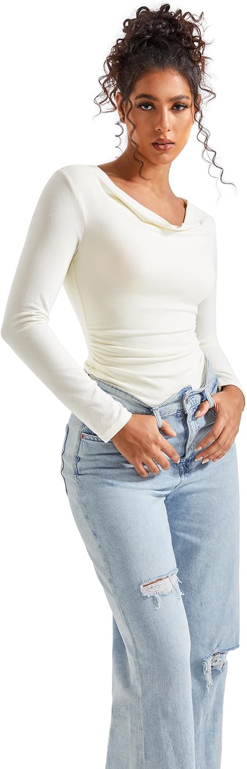 SUUKSESS Women Long Sleeve Off Shoulder Tops Trendy Cowl Neck Going Out Shirt for Fall - Image 6